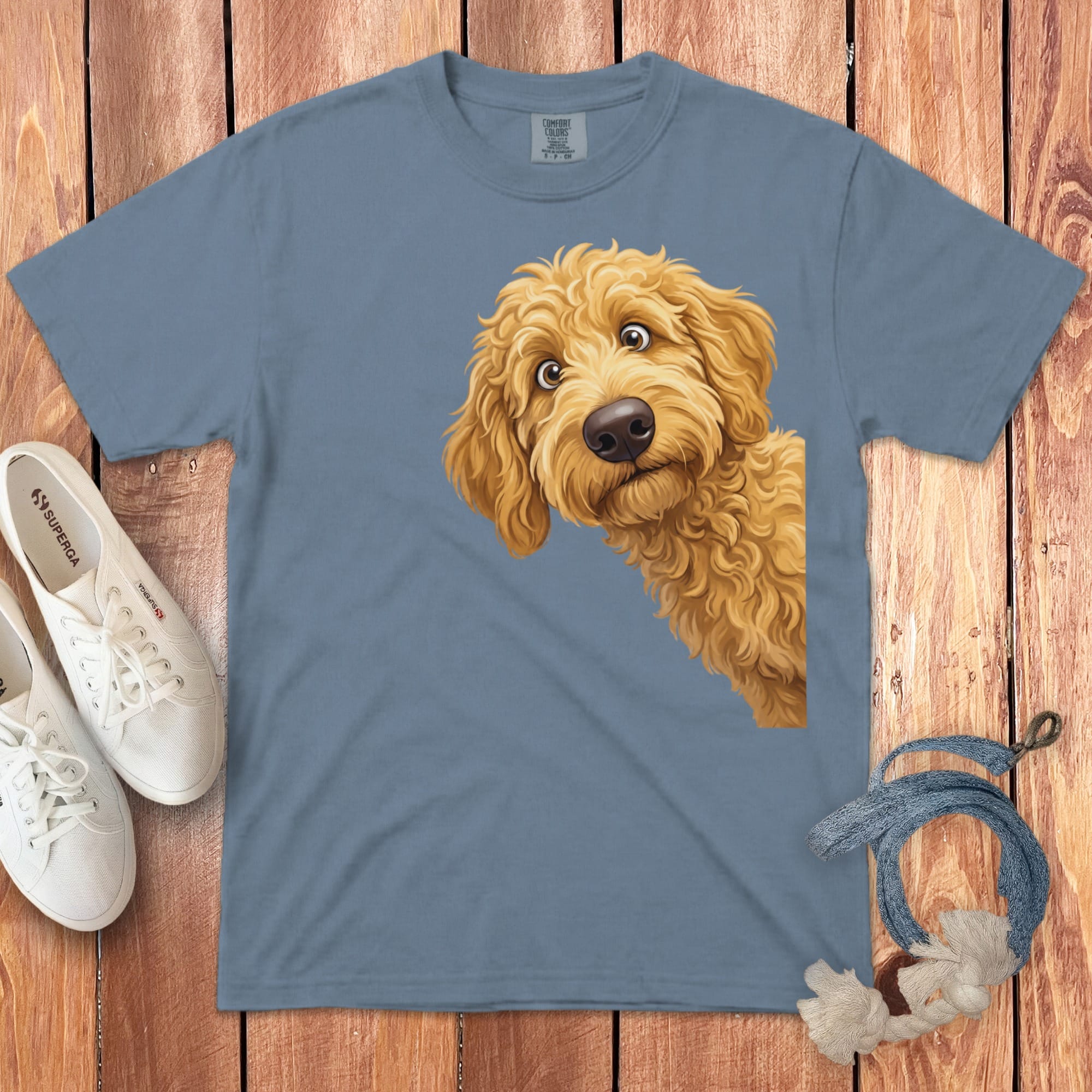 Funny Peeking Golden Goldendoodle Signature T-Shirt in Blue Jean / S by Puppy Jo