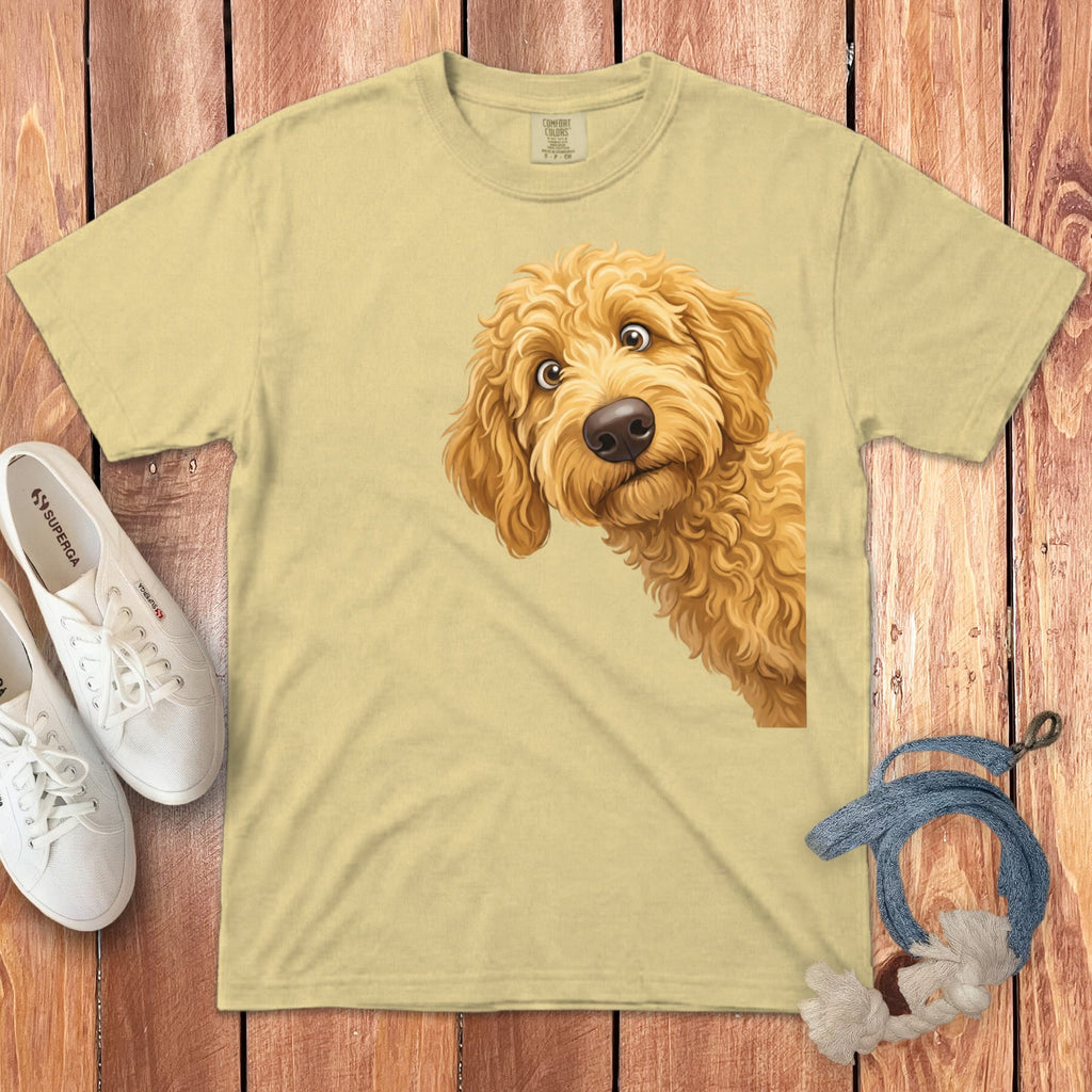 Funny Peeking Golden Goldendoodle Signature T-Shirt in Butter / S by Puppy Jo