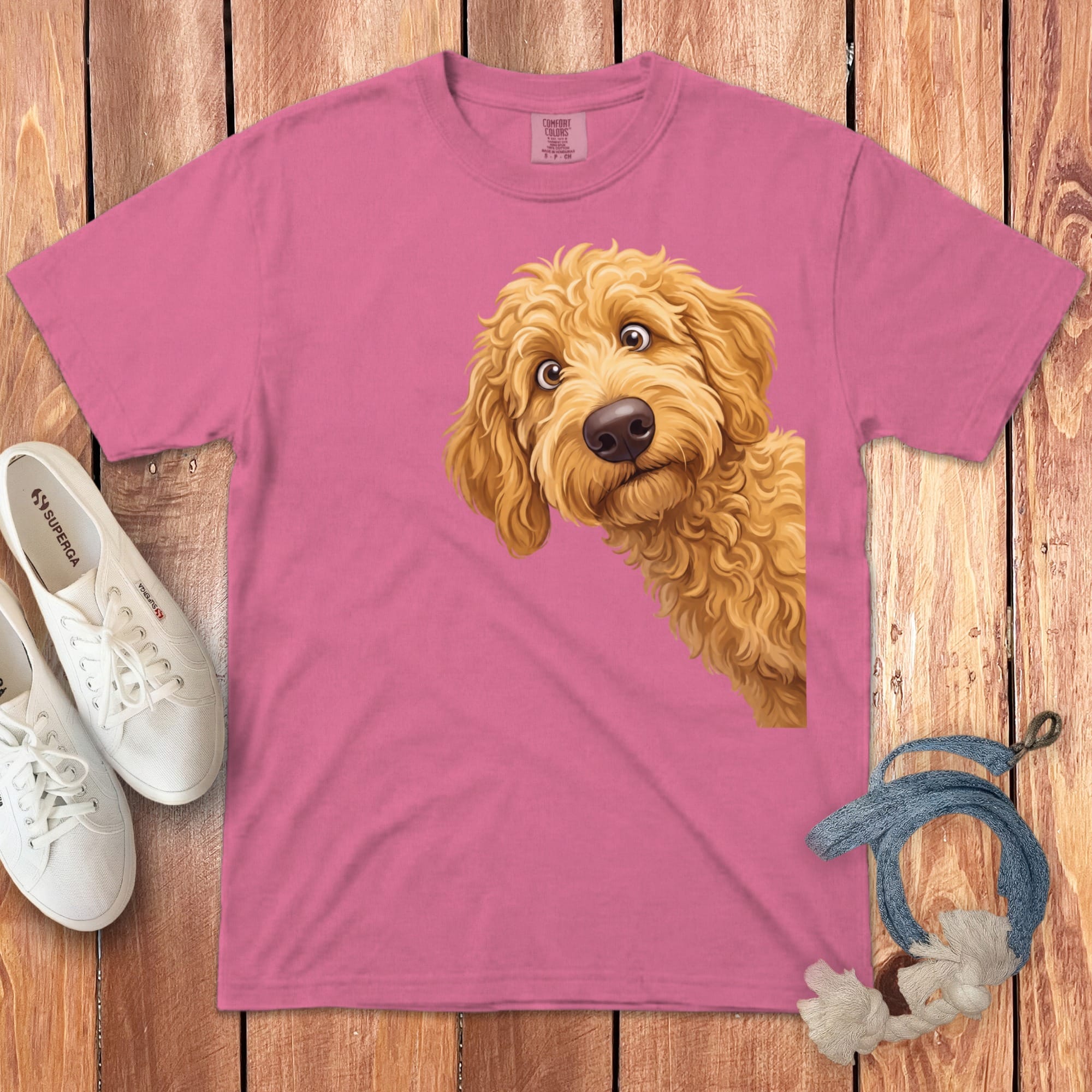 Funny Peeking Golden Goldendoodle Signature T-Shirt in Crunchberry / S by Puppy Jo