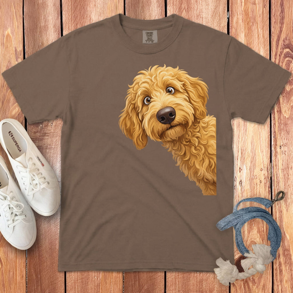Funny Peeking Golden Goldendoodle Signature T-Shirt in Espresso / S by Puppy Jo