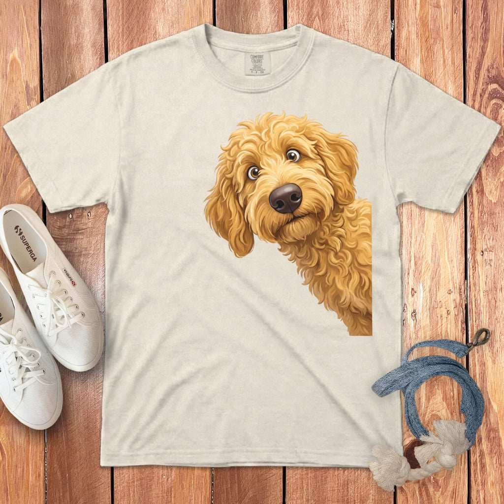 Funny Peeking Golden Goldendoodle Signature T-Shirt in Ivory / S by Puppy Jo