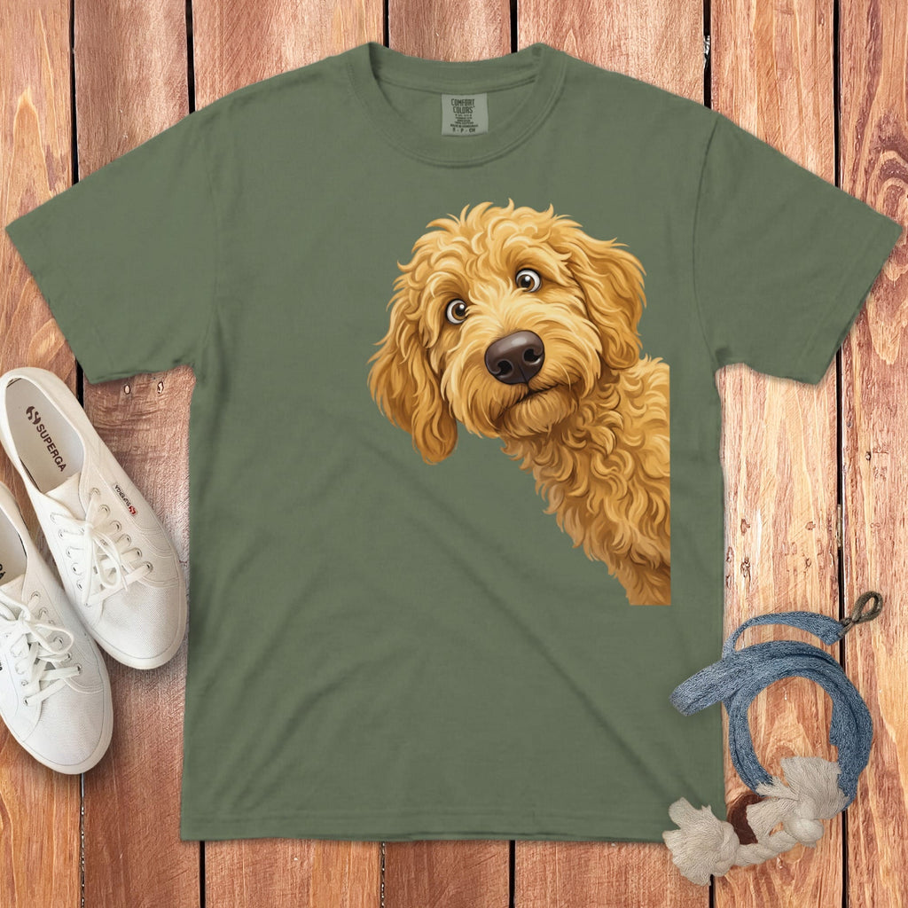 Funny Peeking Golden Goldendoodle Signature T-Shirt in Moss / S by Puppy Jo