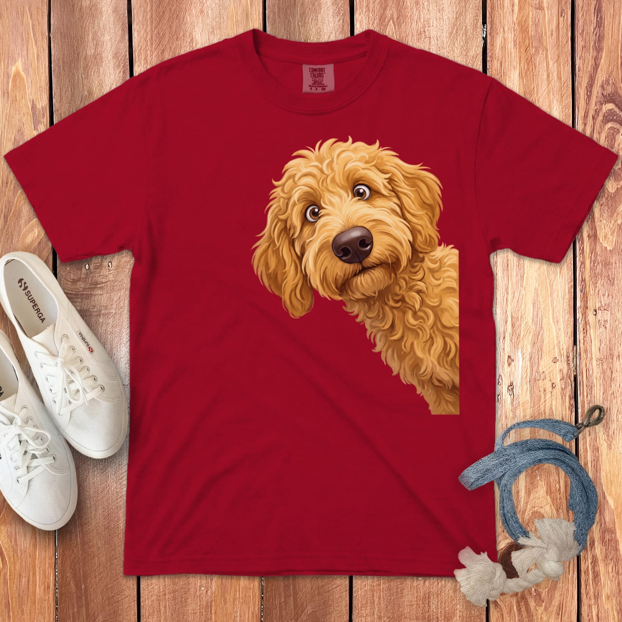 Funny Peeking Golden Goldendoodle Signature T-Shirt in Red / S by Puppy Jo