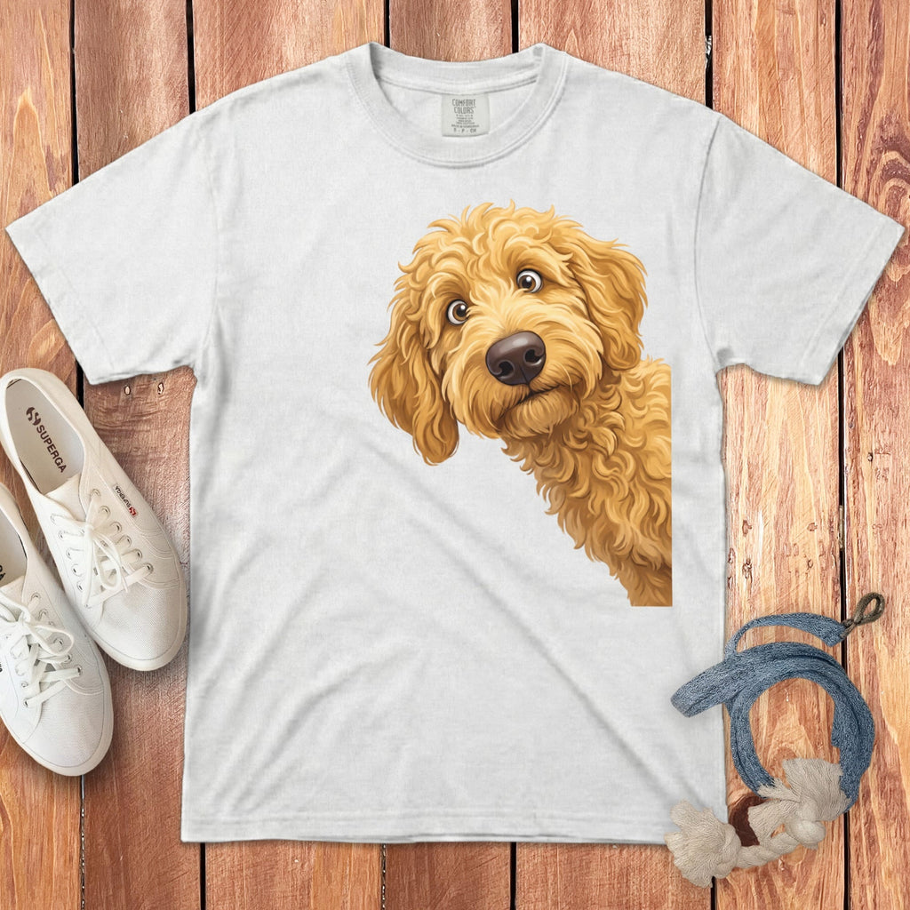 Funny Peeking Golden Goldendoodle Signature T-Shirt in White / S by Puppy Jo