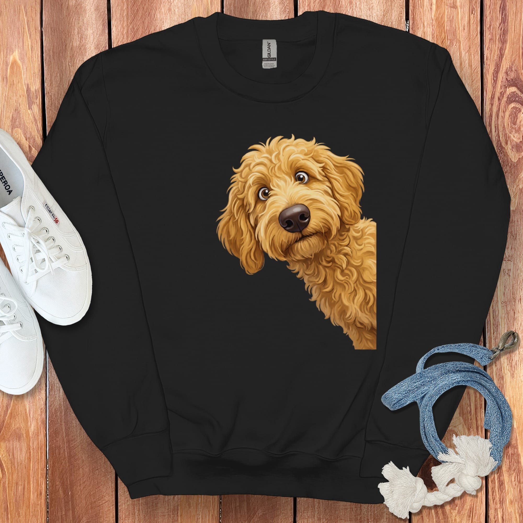 Funny Peeking Golden Goldendoodle Sweatshirt in Black / S by Puppy Jo