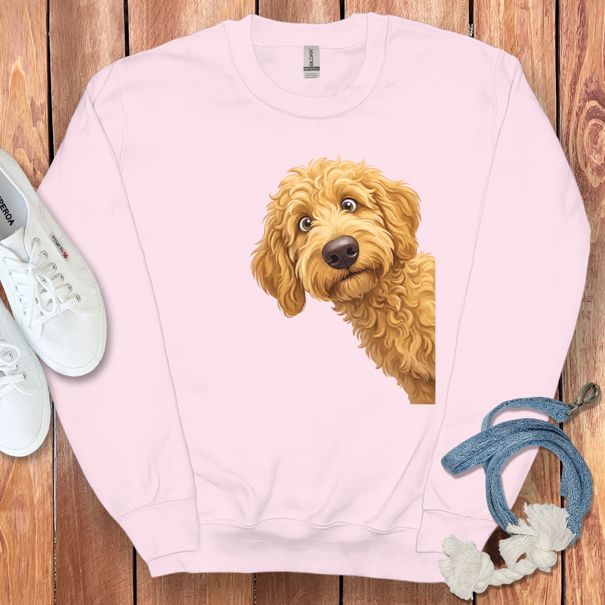 Funny Peeking Golden Goldendoodle Sweatshirt in Light Pink / S by Puppy Jo