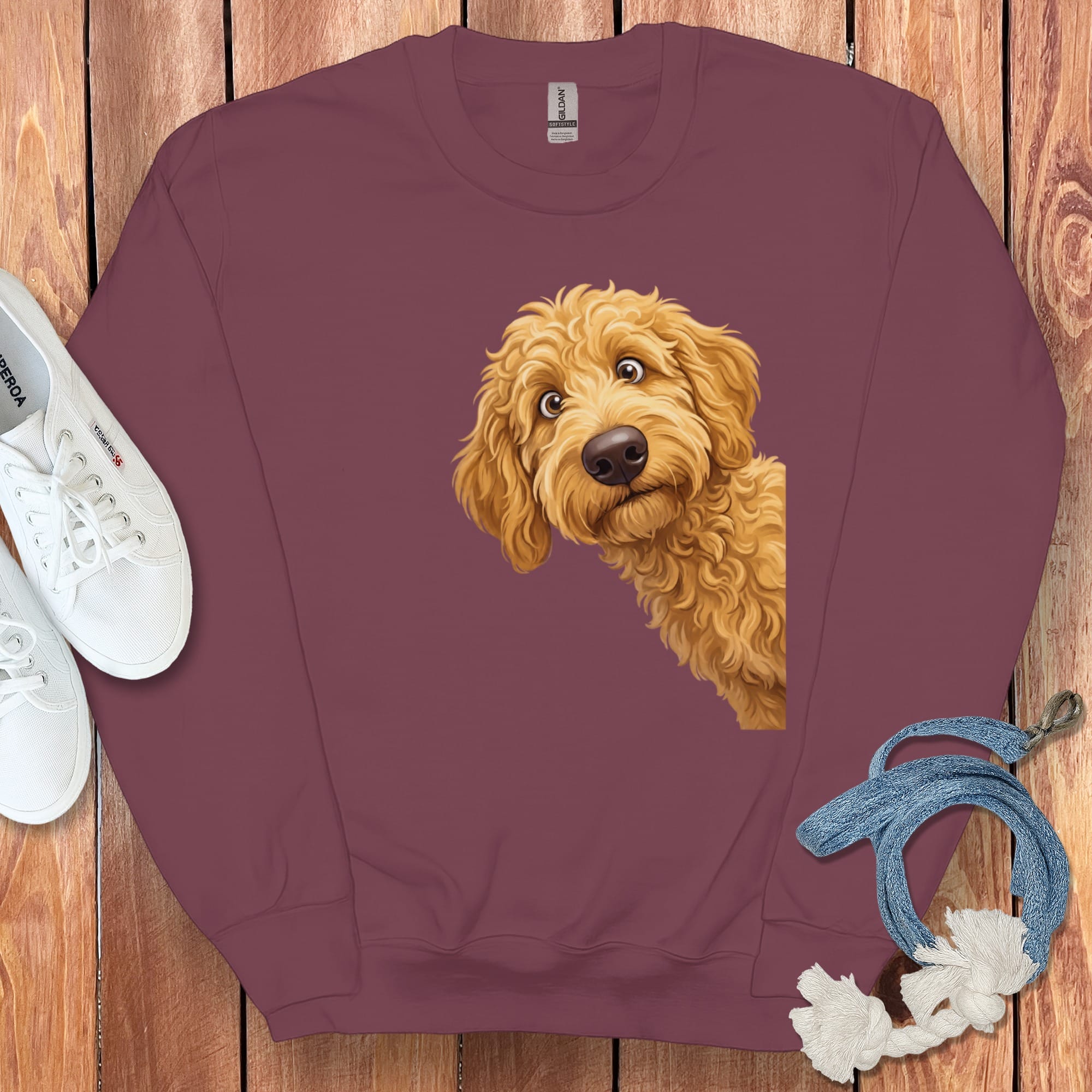 Funny Peeking Golden Goldendoodle Sweatshirt in Maroon / S by Puppy Jo