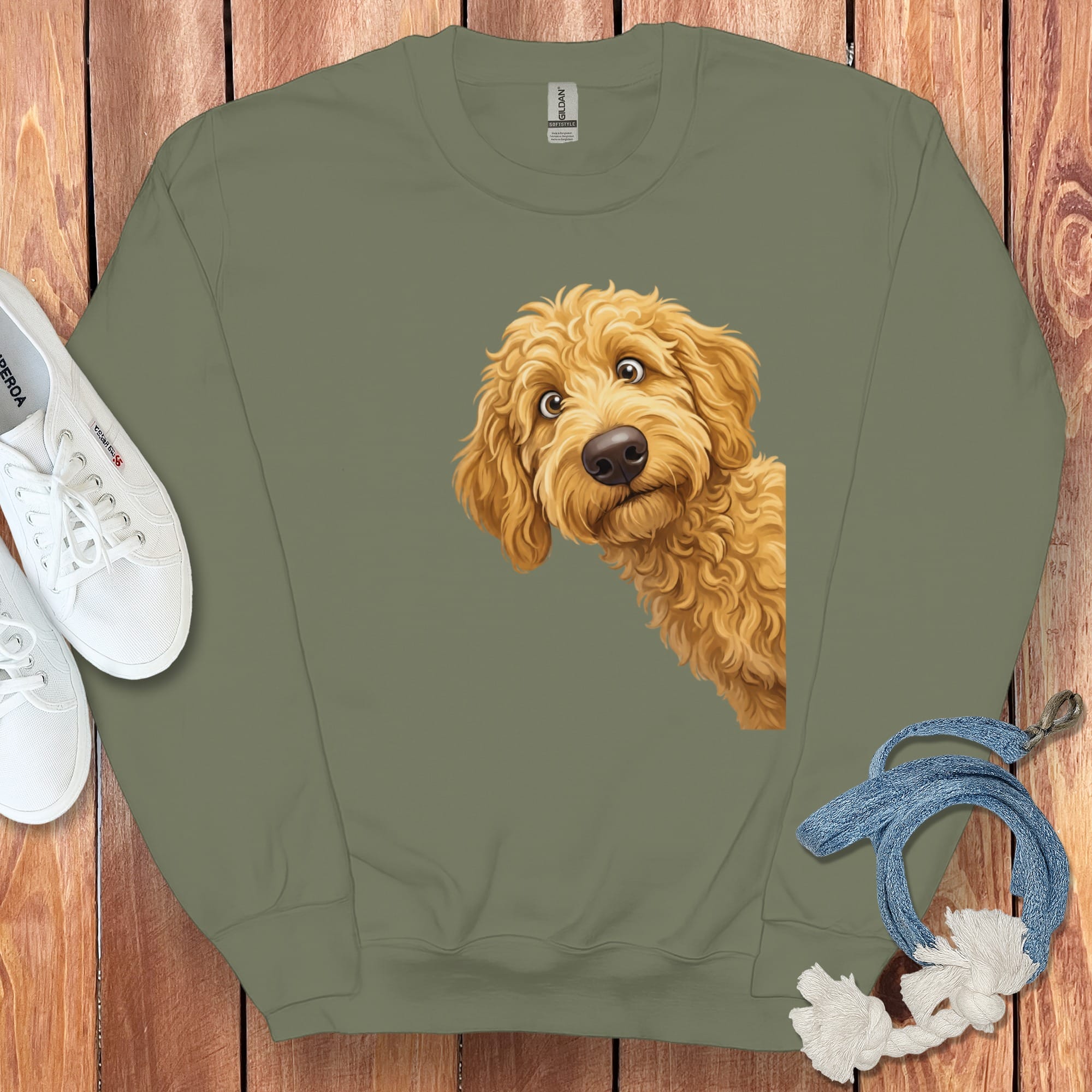 Funny Peeking Golden Goldendoodle Sweatshirt in Military Green / S by Puppy Jo