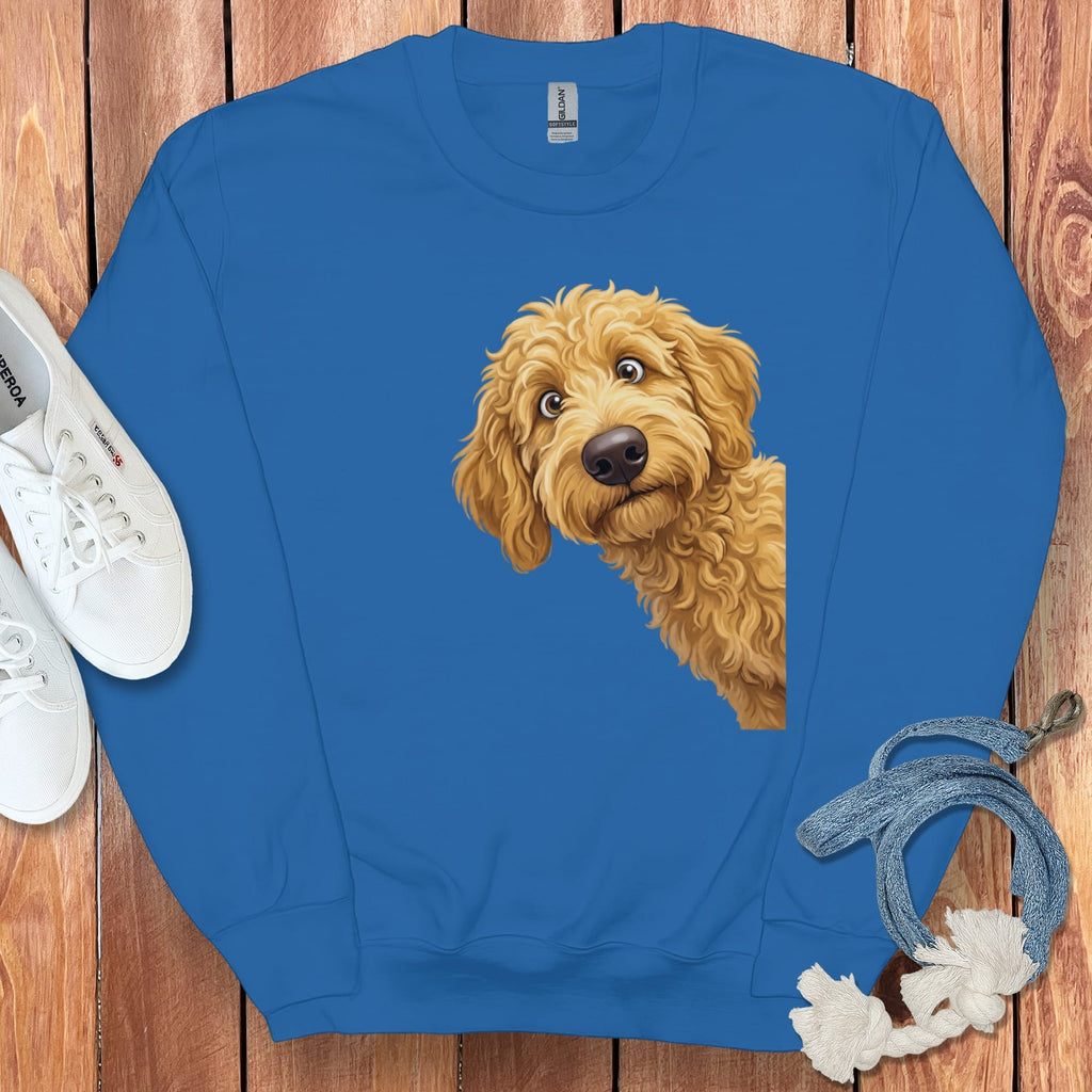 Funny Peeking Golden Goldendoodle Sweatshirt in Royal / S by Puppy Jo