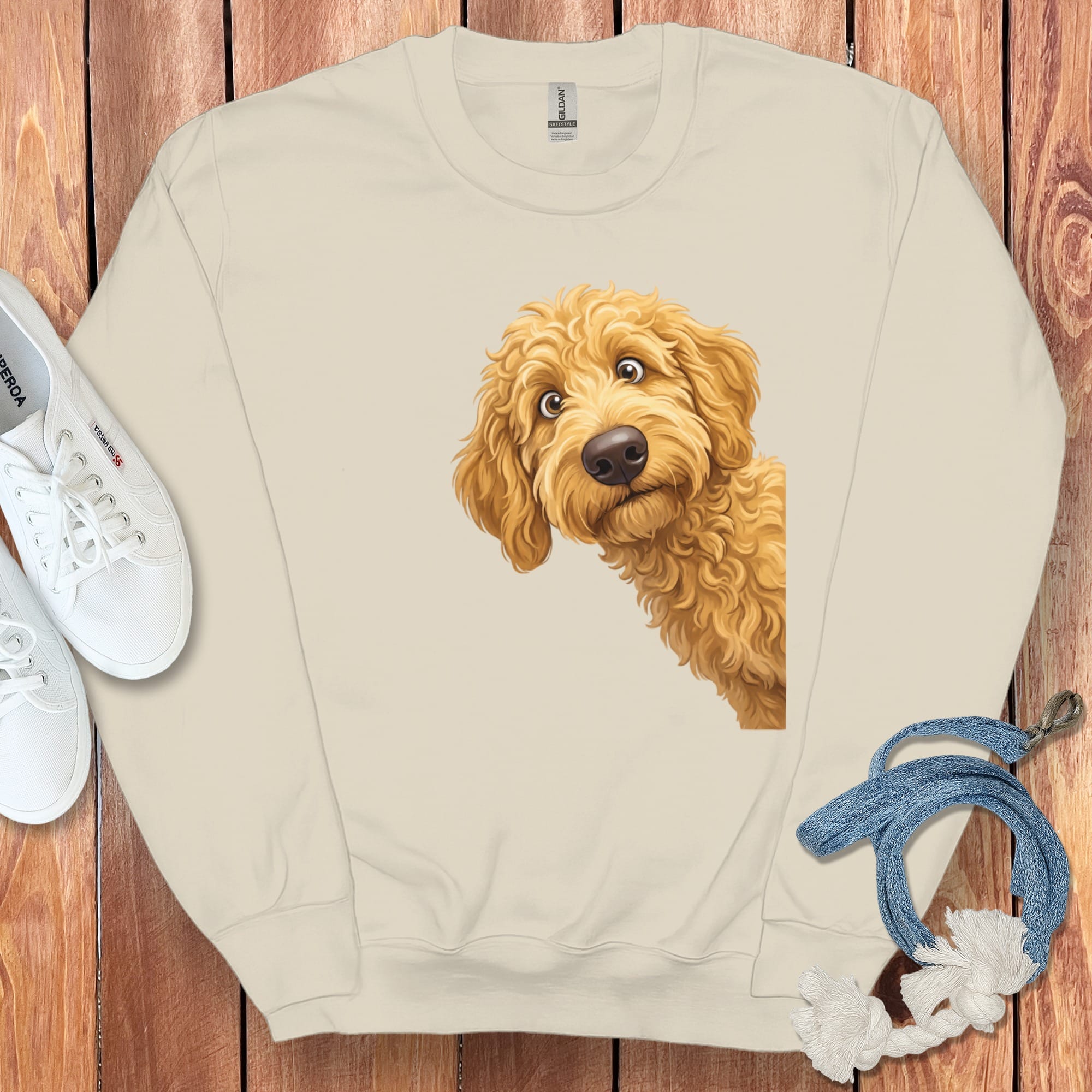 Funny Peeking Golden Goldendoodle Sweatshirt in Sand / S by Puppy Jo