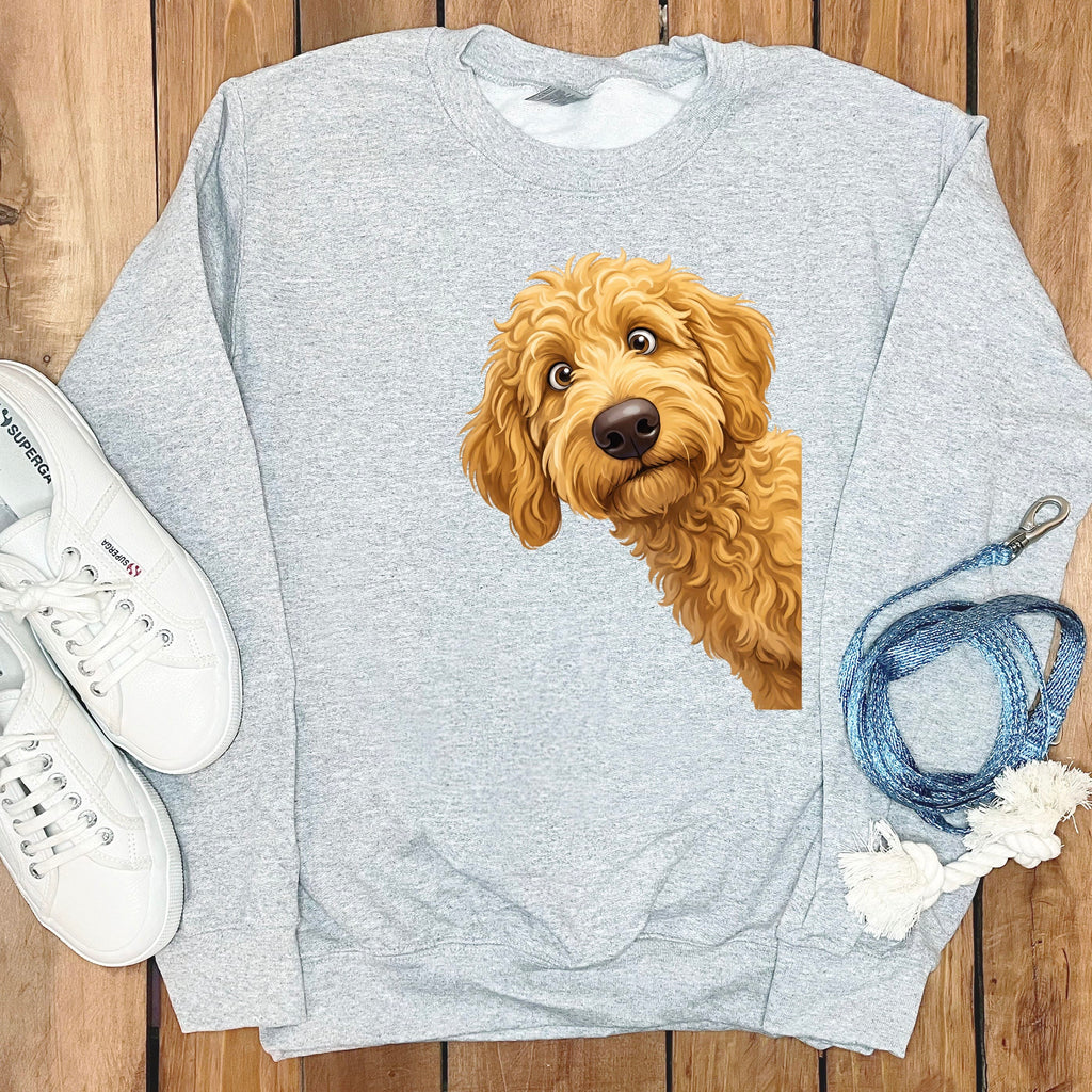 Funny Peeking Golden Goldendoodle Sweatshirt in Sport Grey / S by Puppy Jo