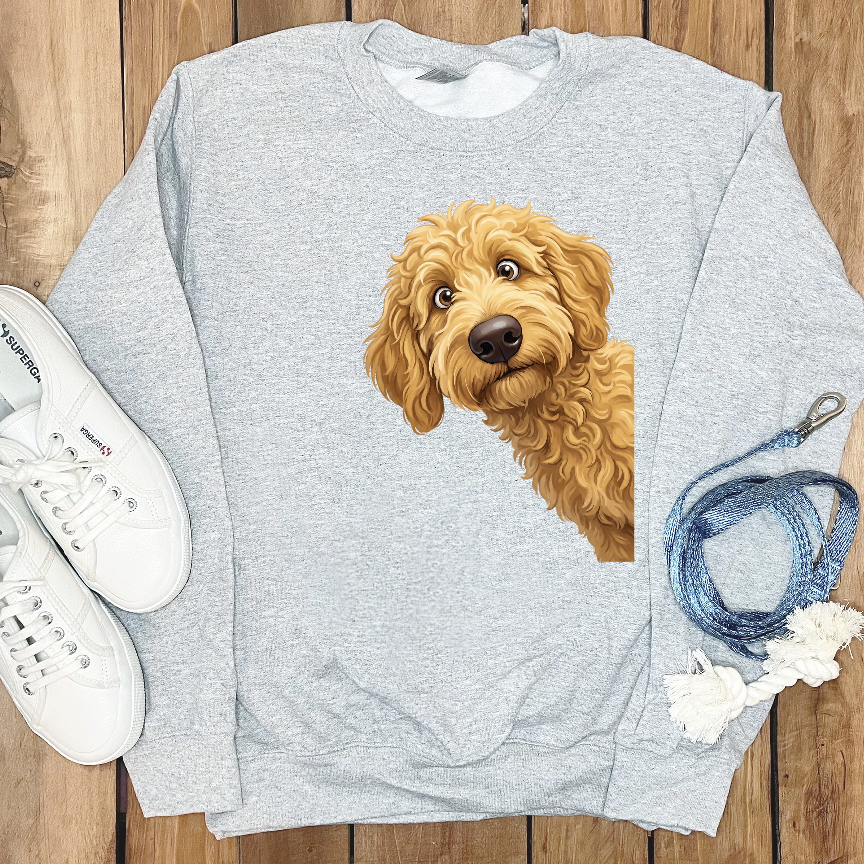 Funny Peeking Golden Goldendoodle Sweatshirt in Sport Grey / S by Puppy Jo