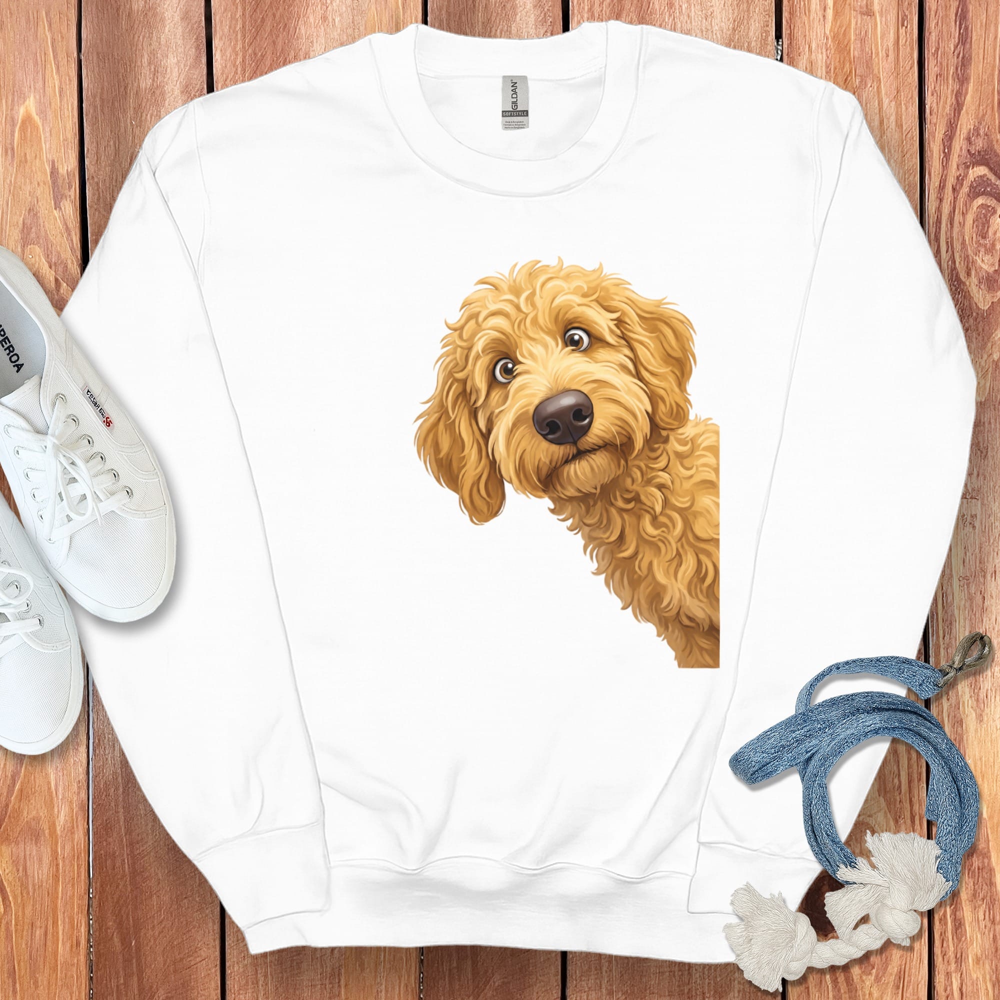 Funny Peeking Golden Goldendoodle Sweatshirt in White / S by Puppy Jo