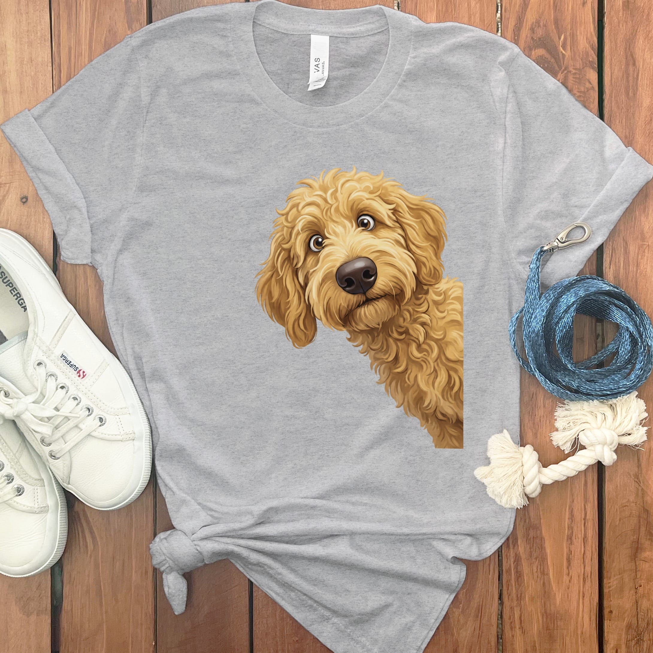 Funny Peeking Golden Goldendoodle T-Shirt in Athletic Heather / S by Puppy Jo