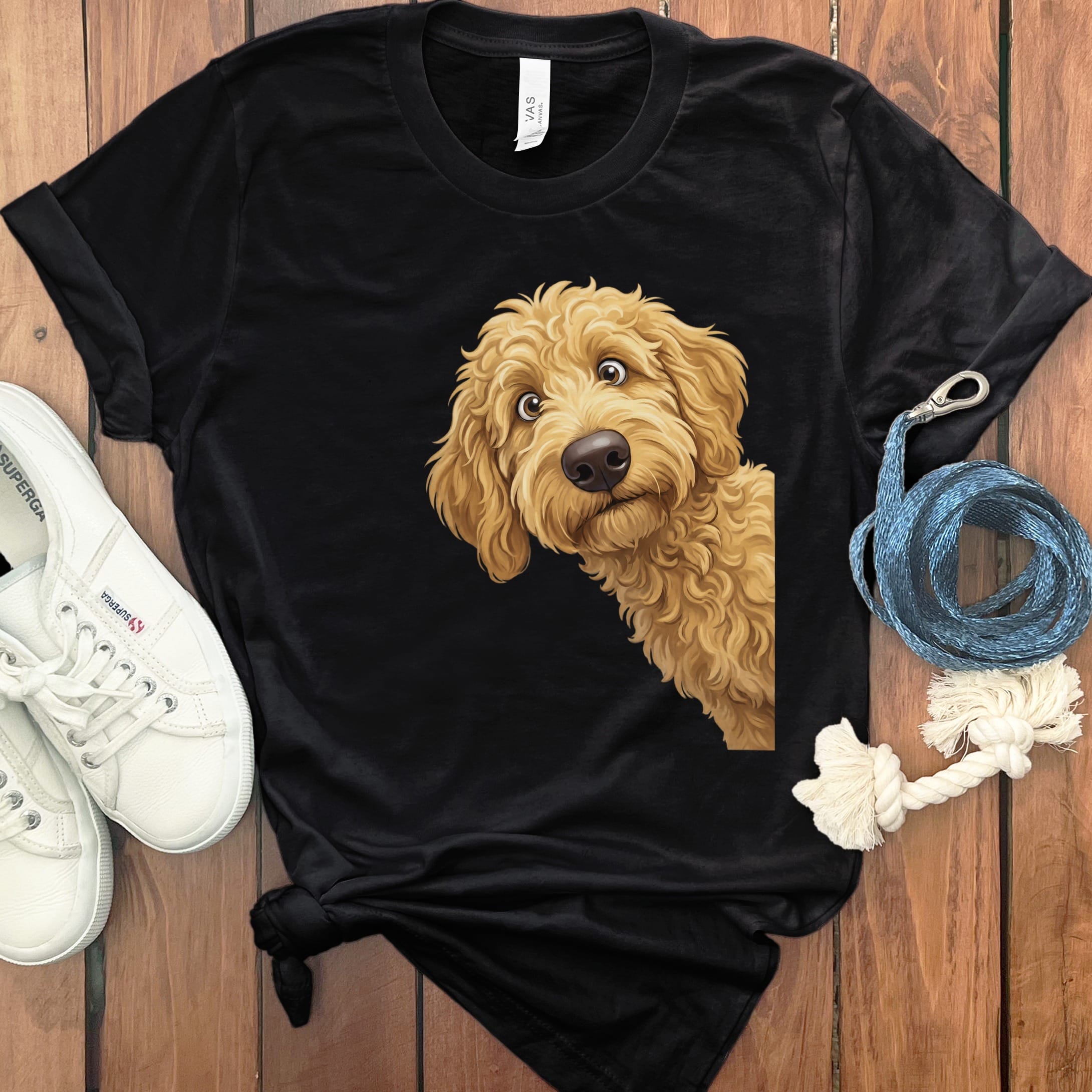 Funny Peeking Golden Goldendoodle T-Shirt in Black / S by Puppy Jo