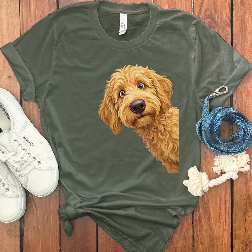 Funny Peeking Golden Goldendoodle T-Shirt in Military Green / S by Puppy Jo
