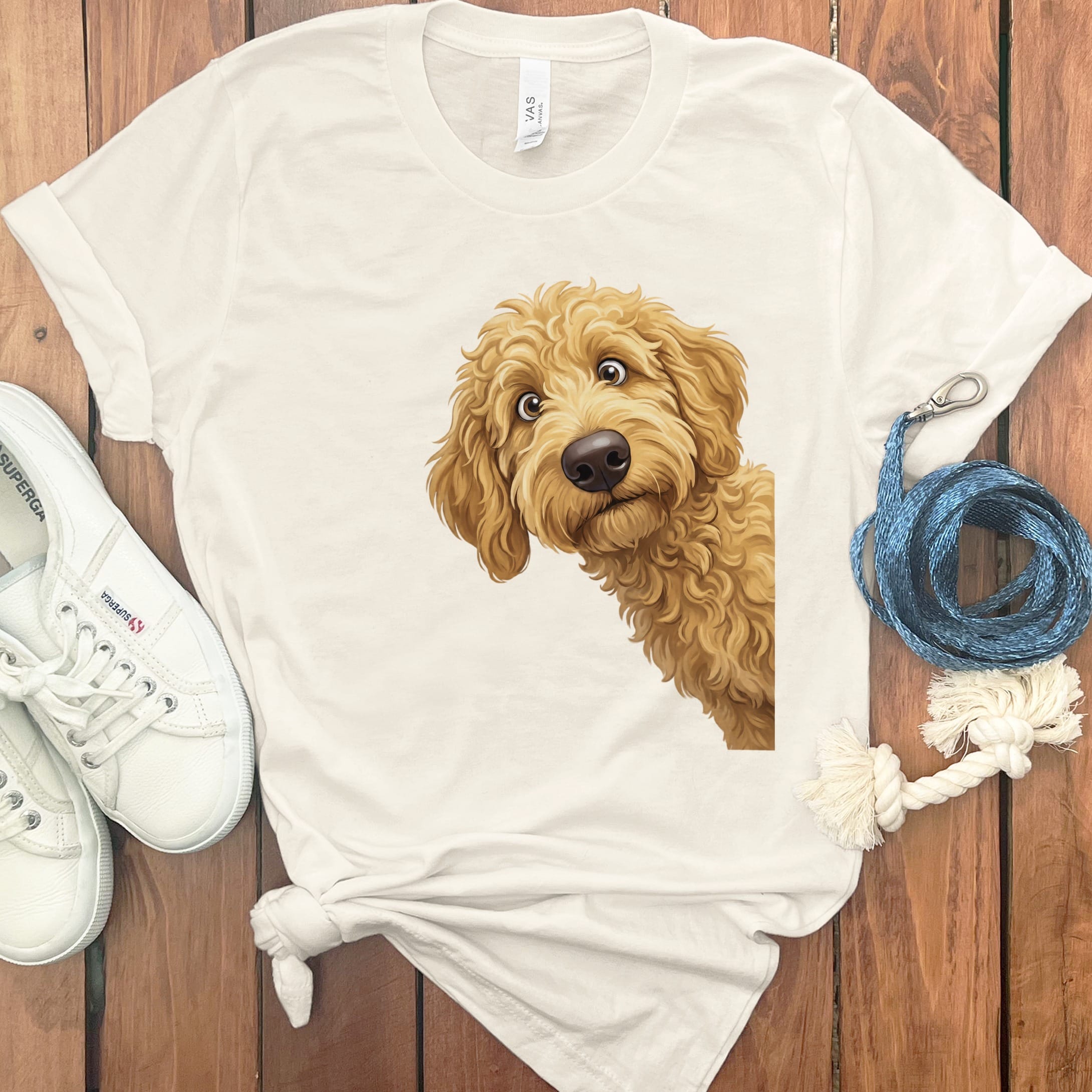 Funny Peeking Golden Goldendoodle T-Shirt in Natural / S by Puppy Jo