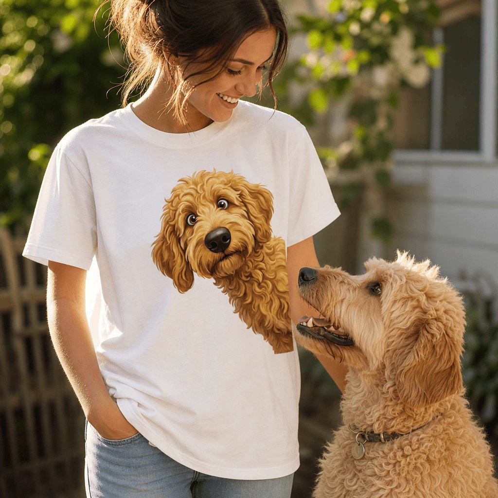 Funny Peeking Golden Goldendoodle T-Shirt in by Puppy Jo