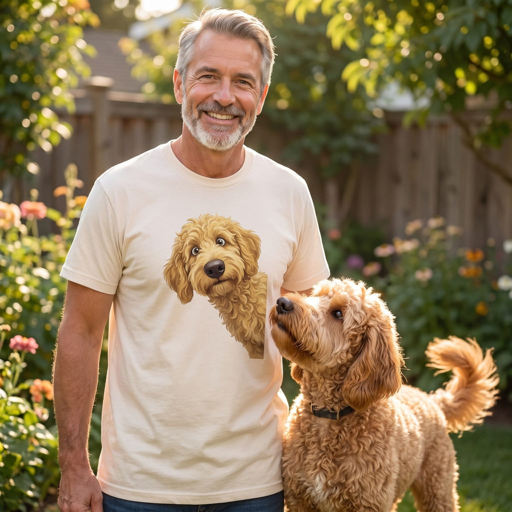 Funny Peeking Golden Goldendoodle T-Shirt in by Puppy Jo
