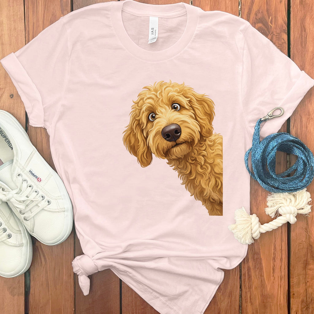 Funny Peeking Golden Goldendoodle T-Shirt in Soft Pink / S by Puppy Jo