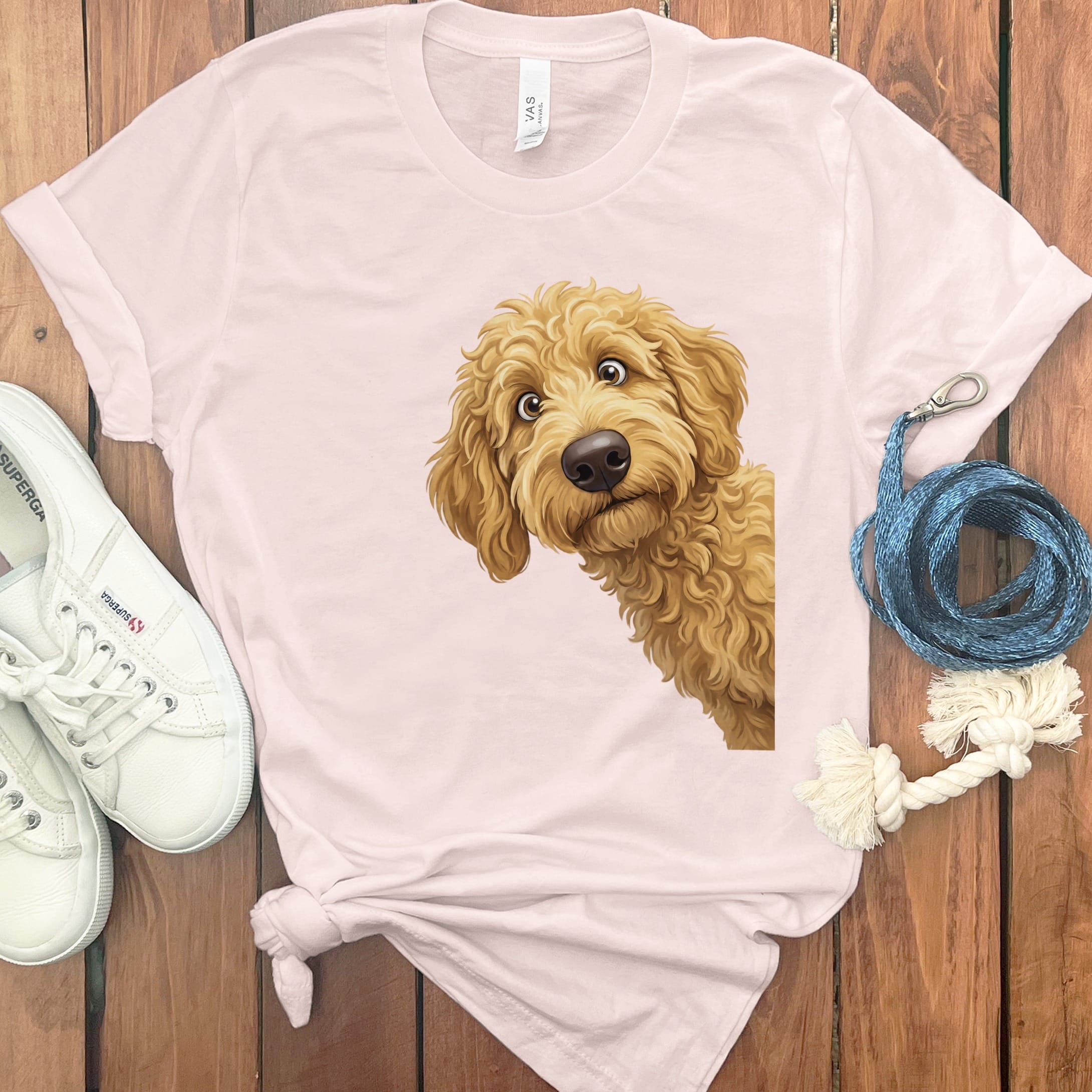 Funny Peeking Golden Goldendoodle T-Shirt in Soft Pink / S by Puppy Jo