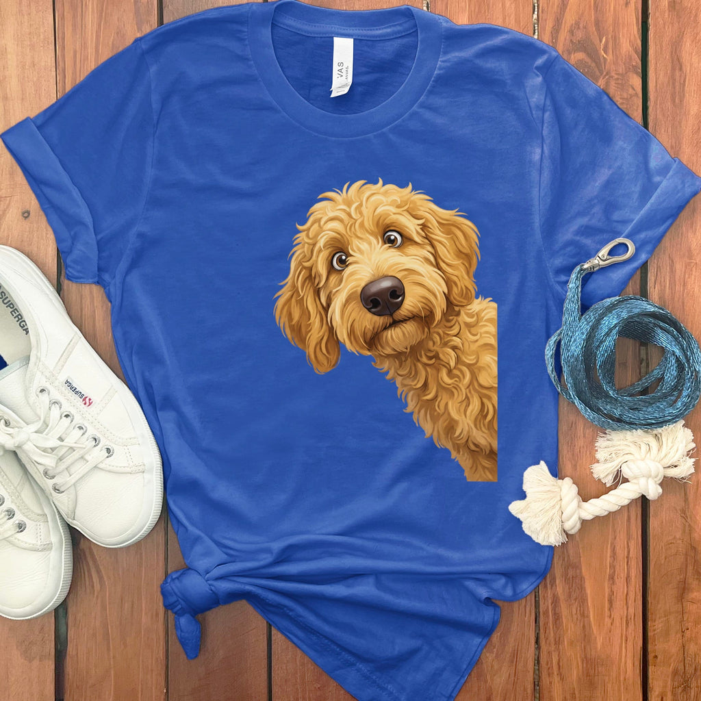 Funny Peeking Golden Goldendoodle T-Shirt in True Royal / S by Puppy Jo