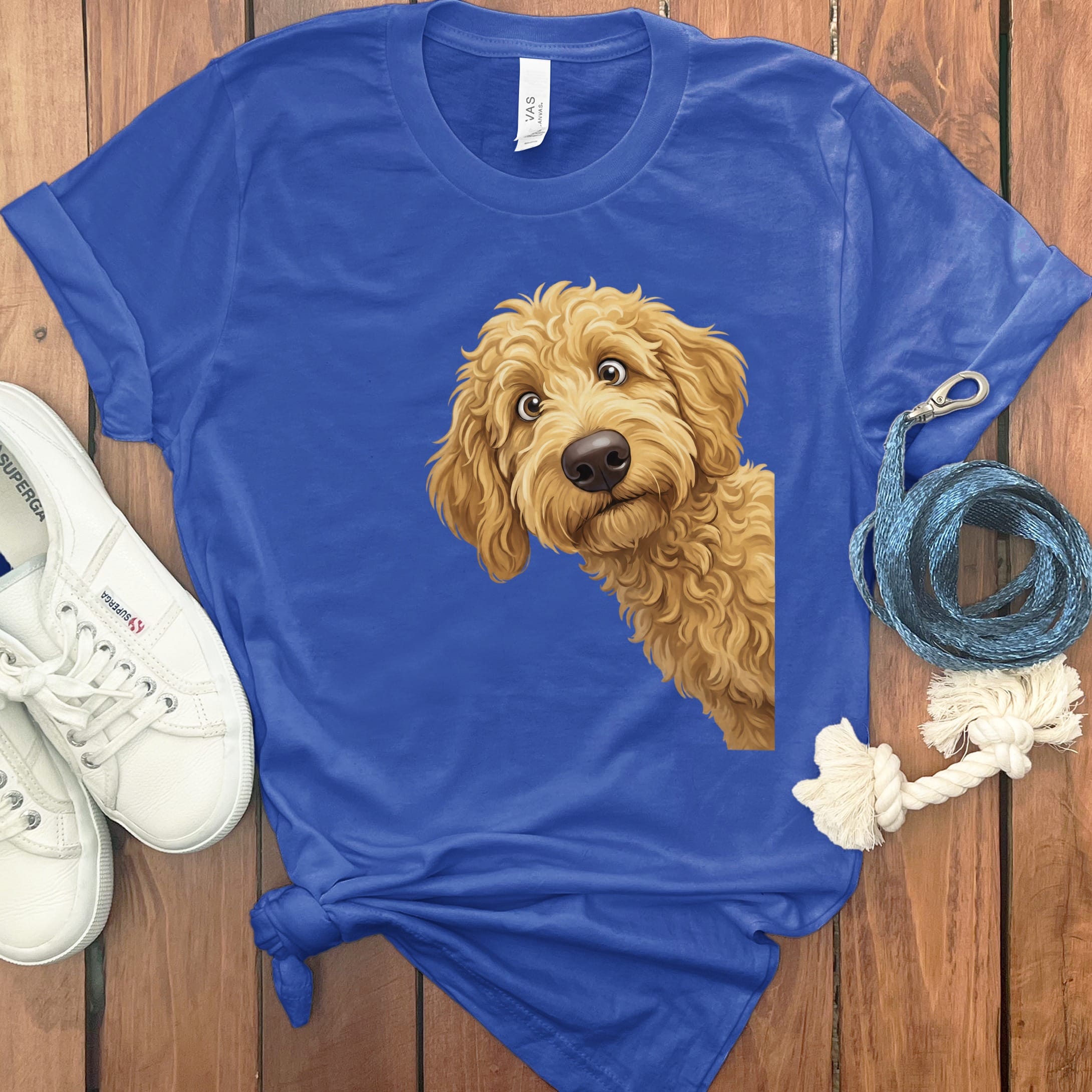 Funny Peeking Golden Goldendoodle T-Shirt in True Royal / S by Puppy Jo