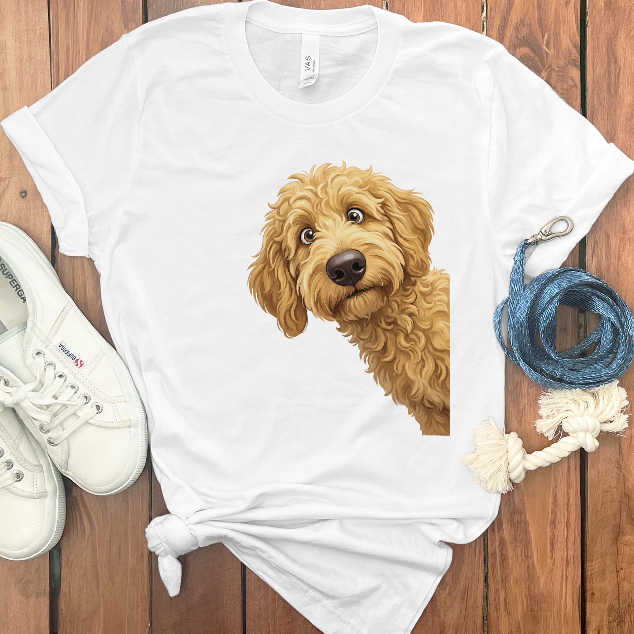 Funny Peeking Golden Goldendoodle T-Shirt in White / S by Puppy Jo