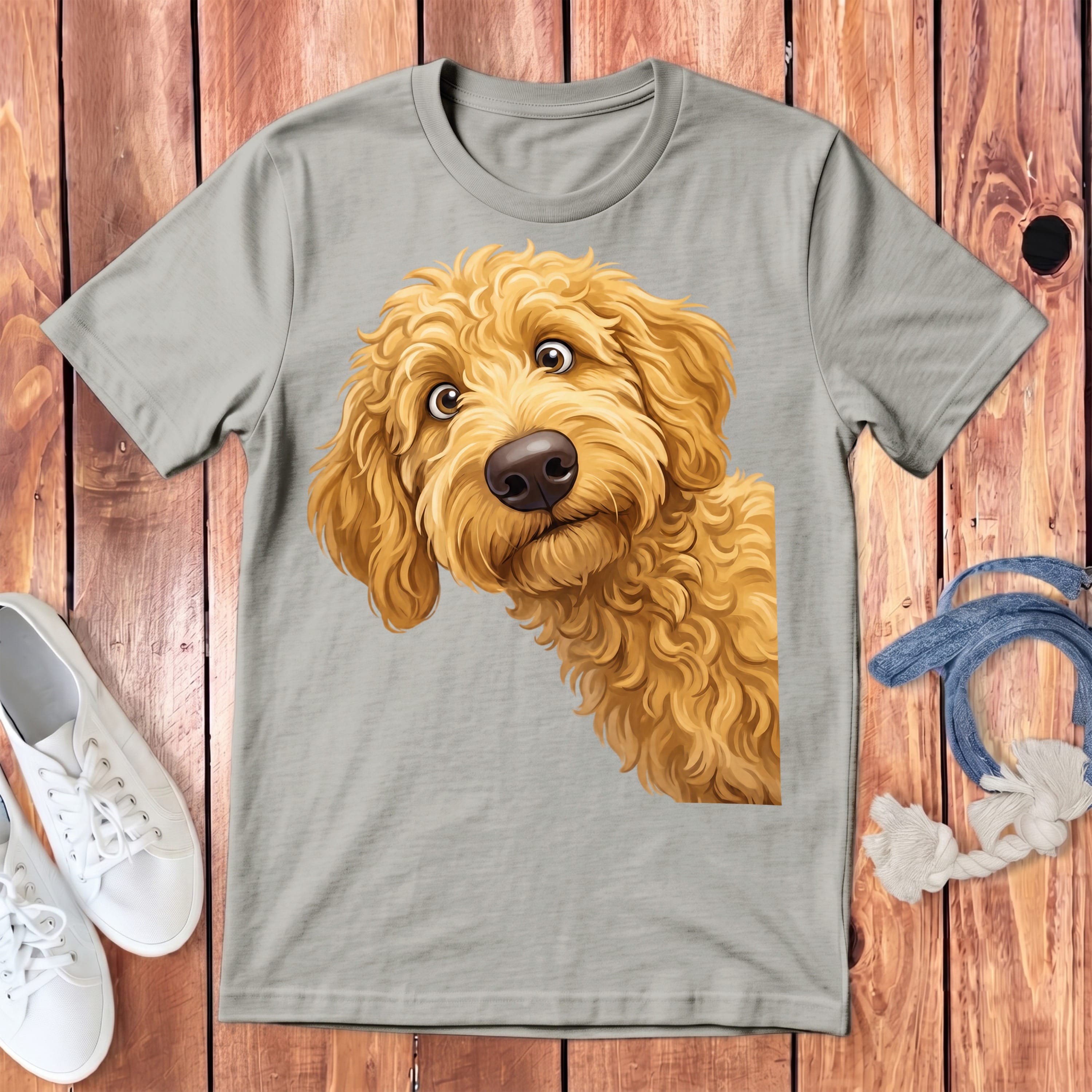 Funny Peeking Golden Goldendoodle Youth T-Shirt in Athletic Heather / S by Puppy Jo