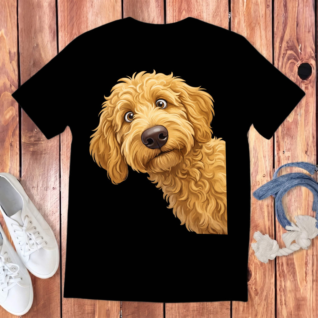 Funny Peeking Golden Goldendoodle Youth T-Shirt in Black / S by Puppy Jo