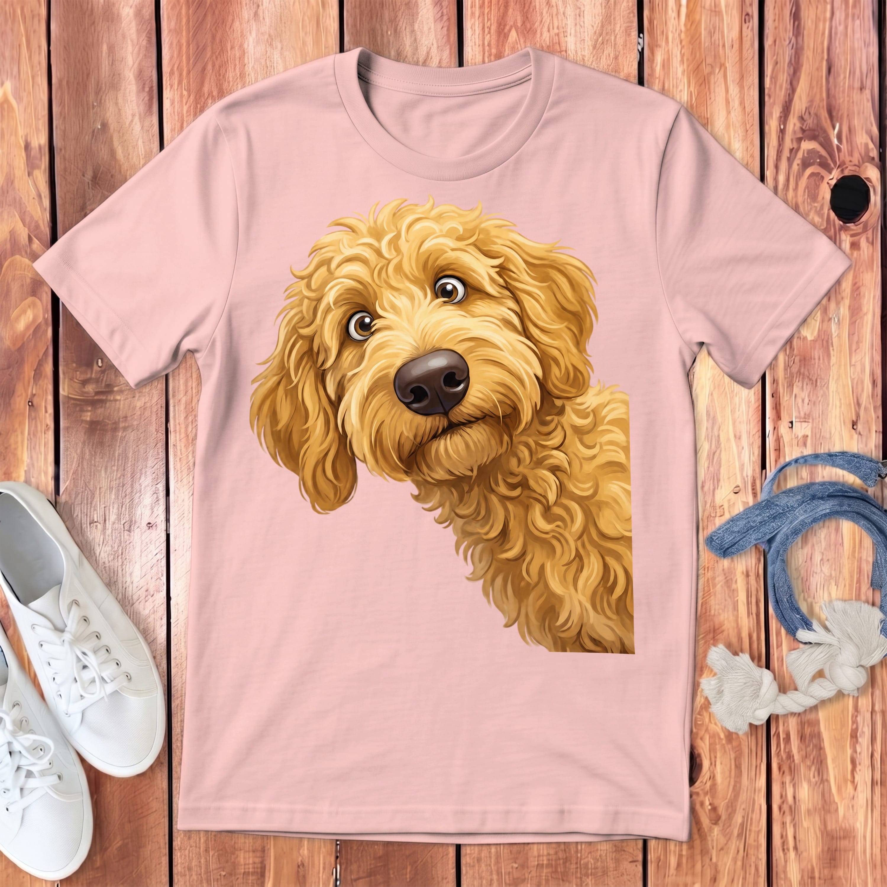 Funny Peeking Golden Goldendoodle Youth T-Shirt in Pink / S by Puppy Jo