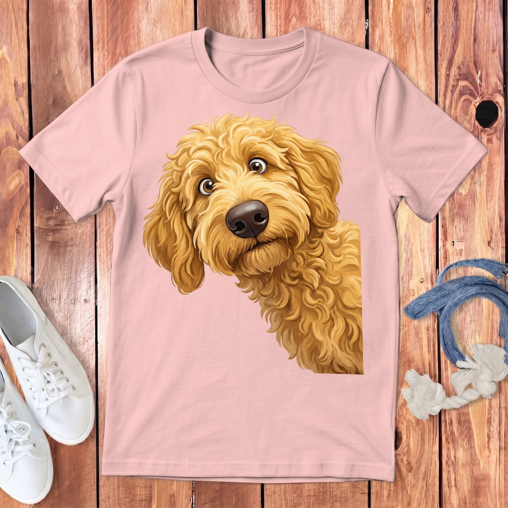 Funny Peeking Golden Goldendoodle Youth T-Shirt in Pink / S by Puppy Jo
