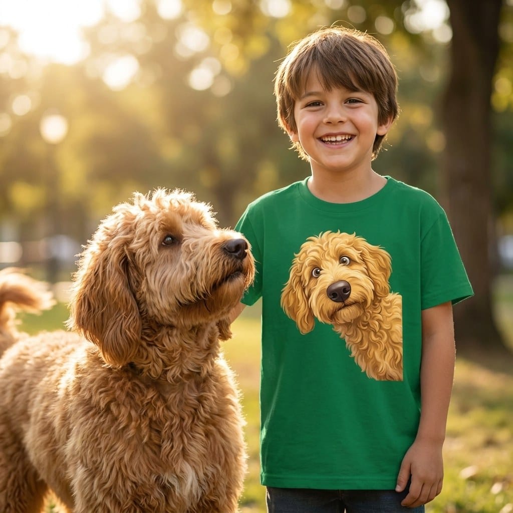 Funny Peeking Golden Goldendoodle Youth T-Shirt in by Puppy Jo
