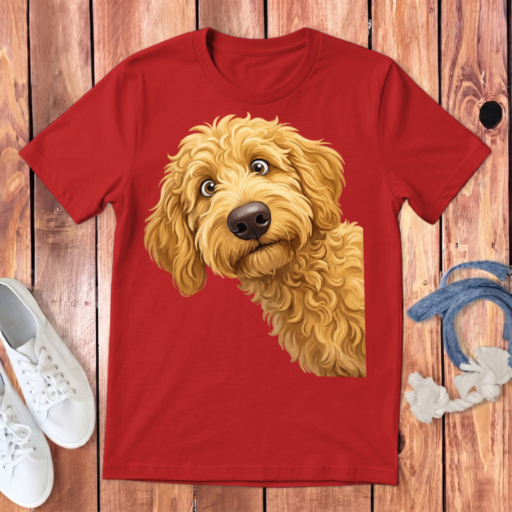 Funny Peeking Golden Goldendoodle Youth T-Shirt in Red / S by Puppy Jo