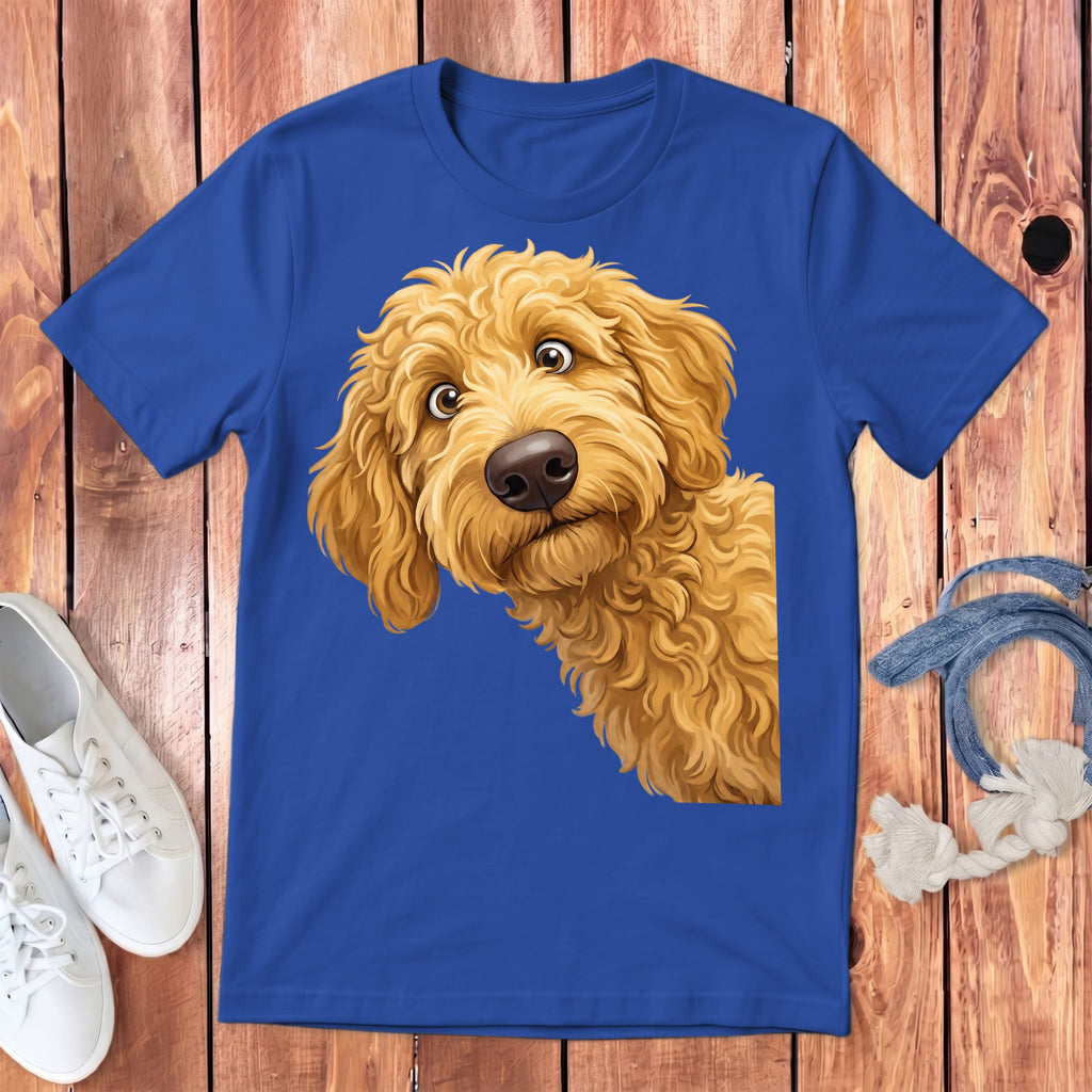 Funny Peeking Golden Goldendoodle Youth T-Shirt in True Royal / S by Puppy Jo