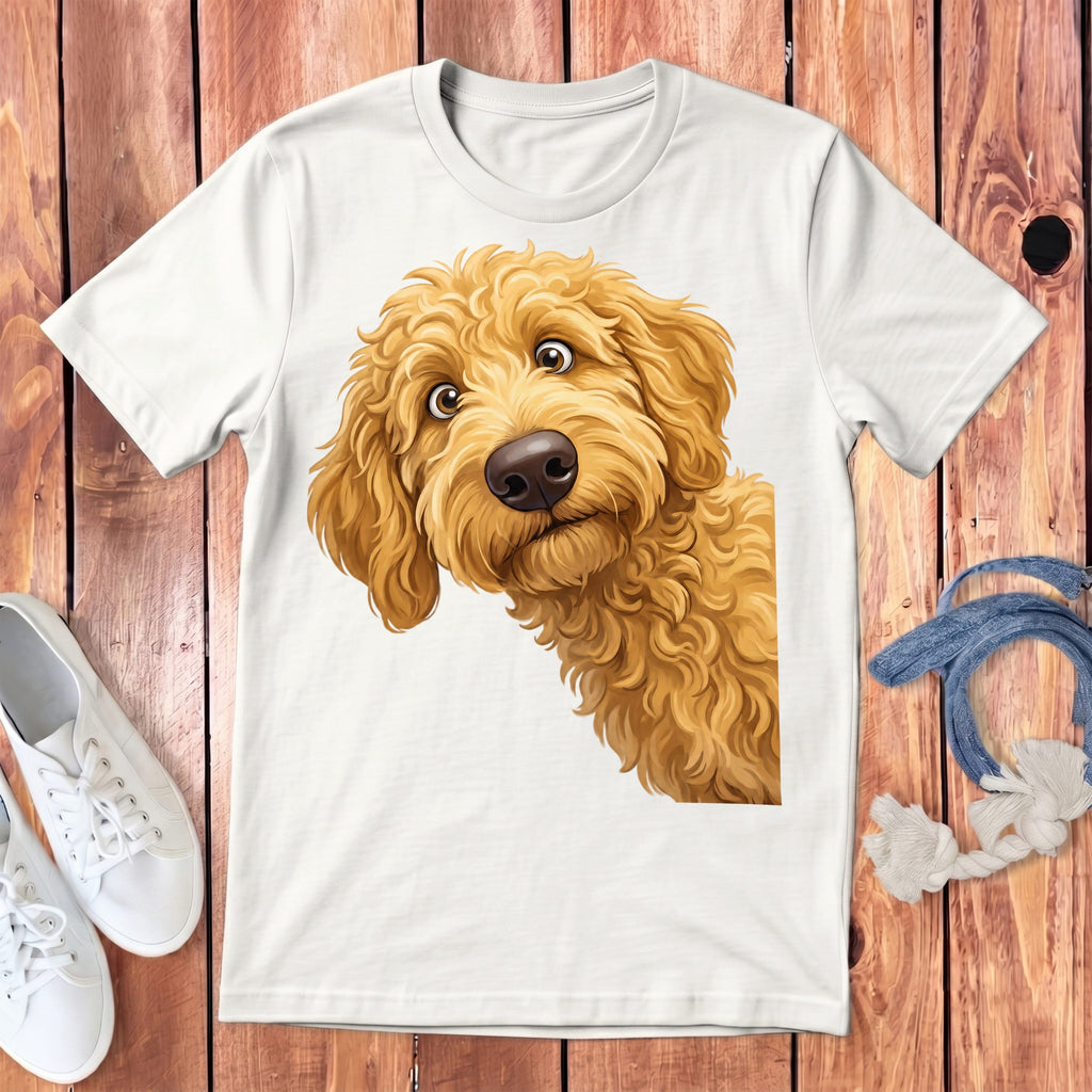 Funny Peeking Golden Goldendoodle Youth T-Shirt in White / S by Puppy Jo