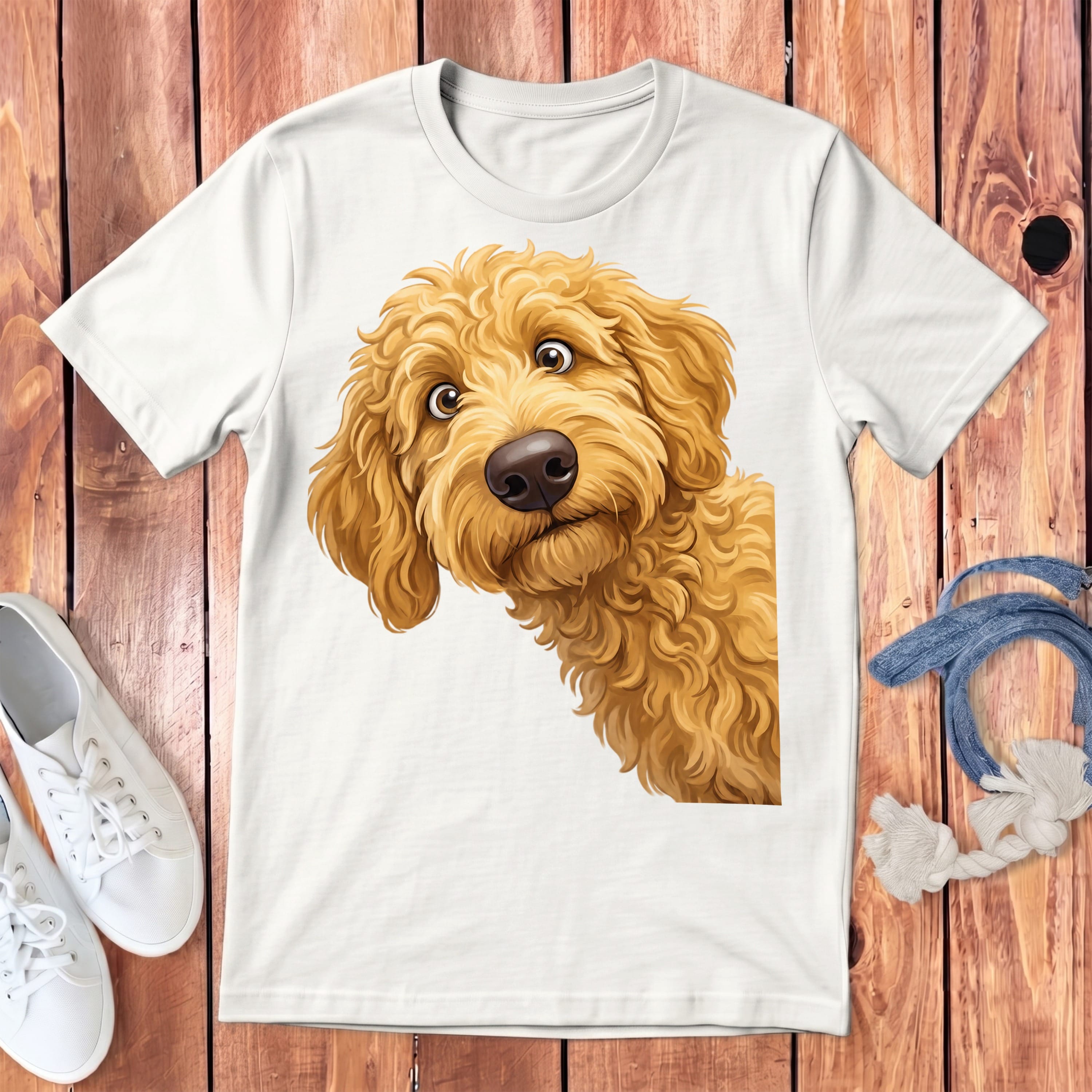 Funny Peeking Golden Goldendoodle Youth T-Shirt in White / S by Puppy Jo
