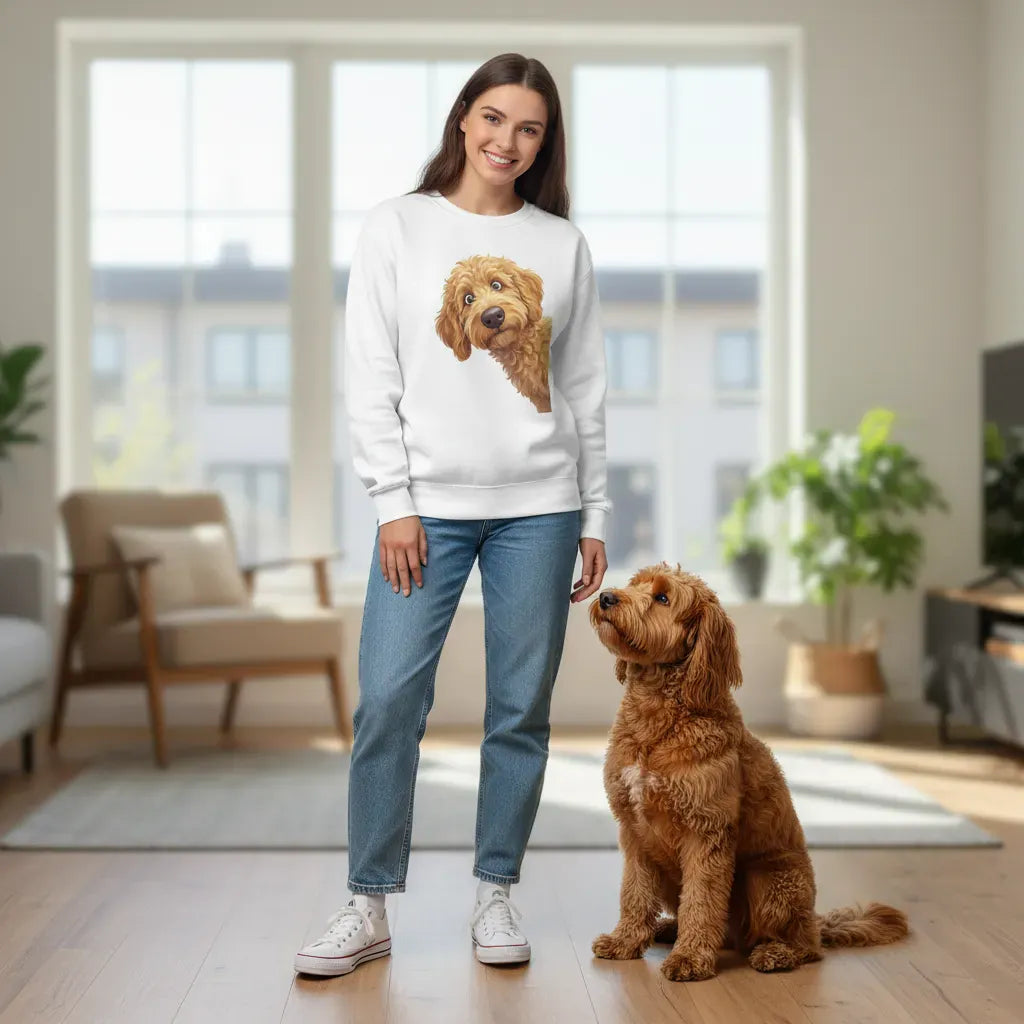 Funny Peeking Goldendoodle Sweatshirt in by Puppy Jo