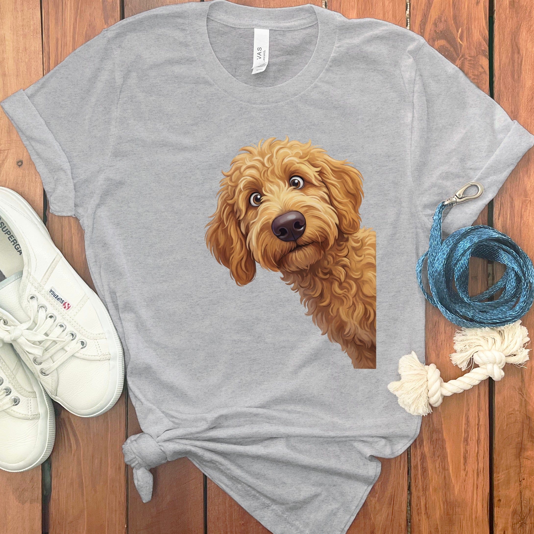 Funny Peeking Goldendoodle T-Shirt in Athletic Heather / S by Puppy Jo