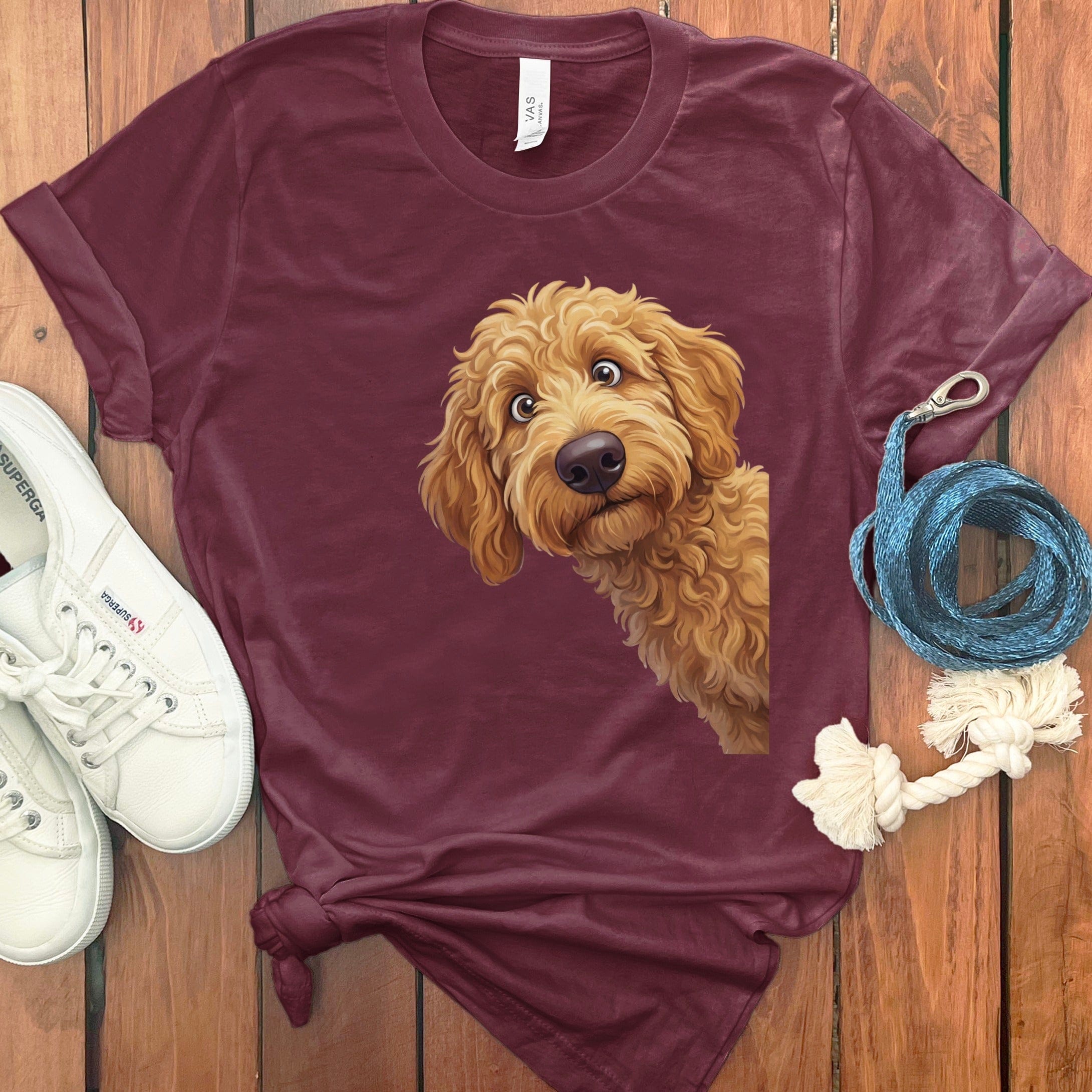 Funny Peeking Goldendoodle T-Shirt in Maroon / S by Puppy Jo