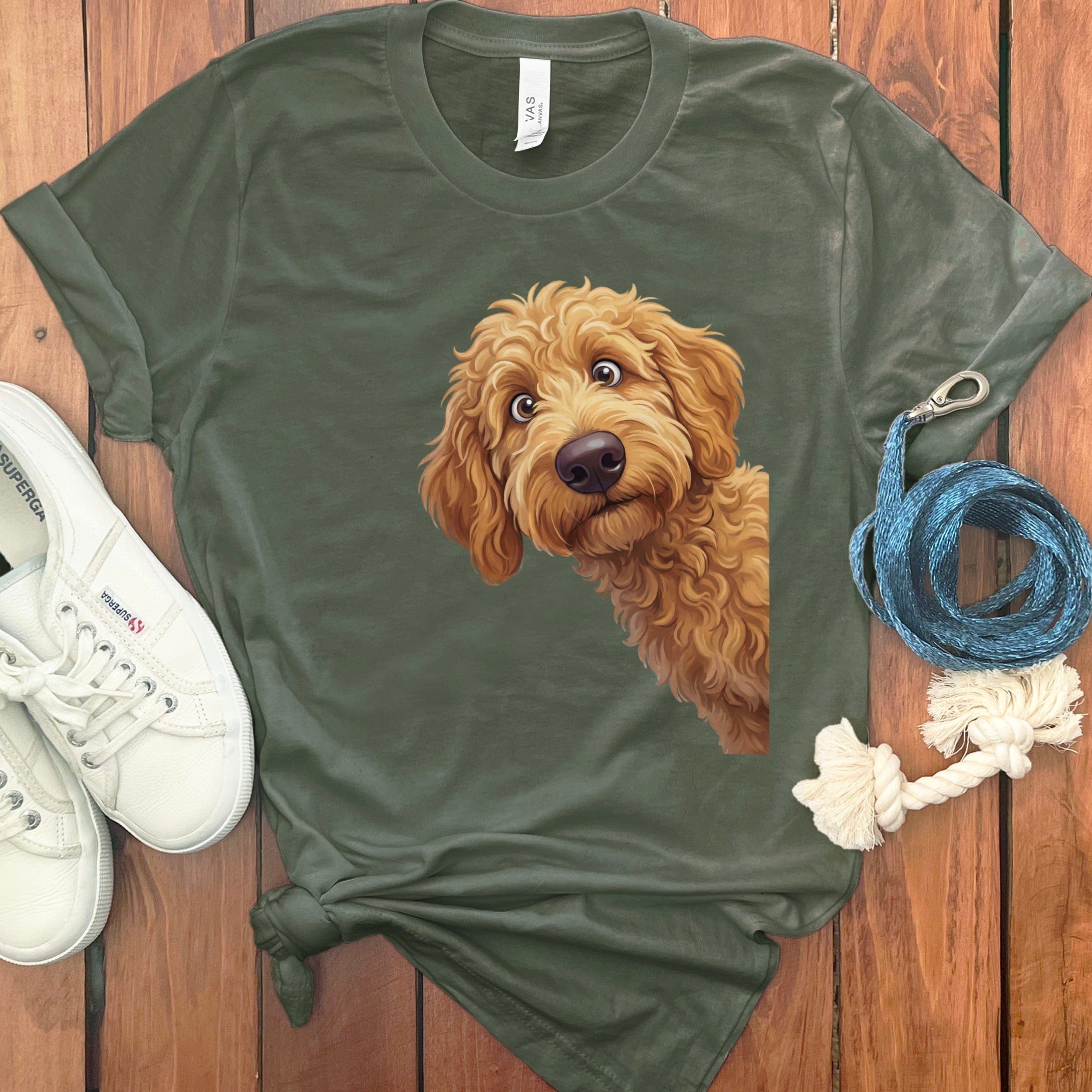 Funny Peeking Goldendoodle T-Shirt in Military Green / S by Puppy Jo