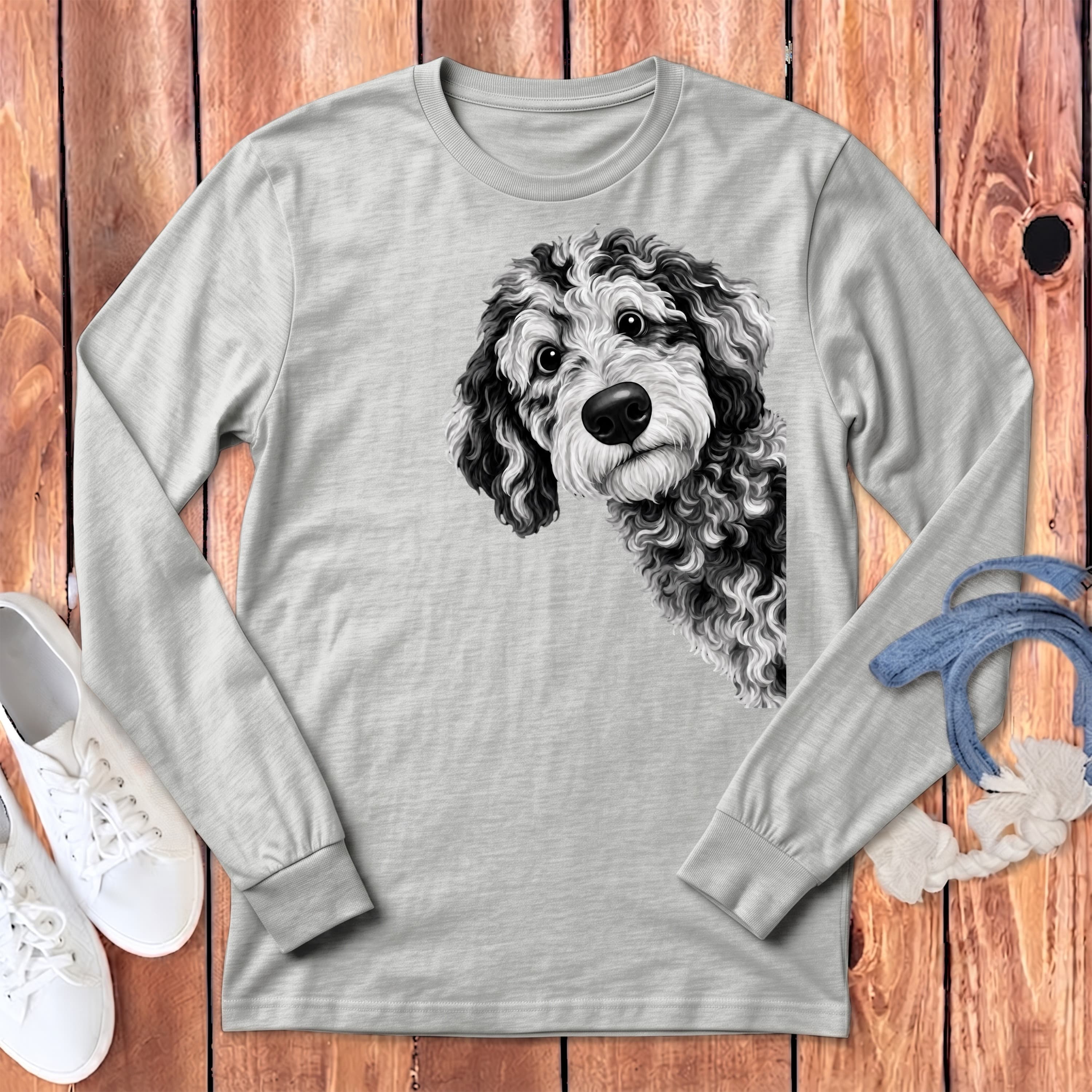 Funny Peeking Merle Goldendoodle Long Sleeve T-Shirt in Athletic Heather / S by Puppy Jo