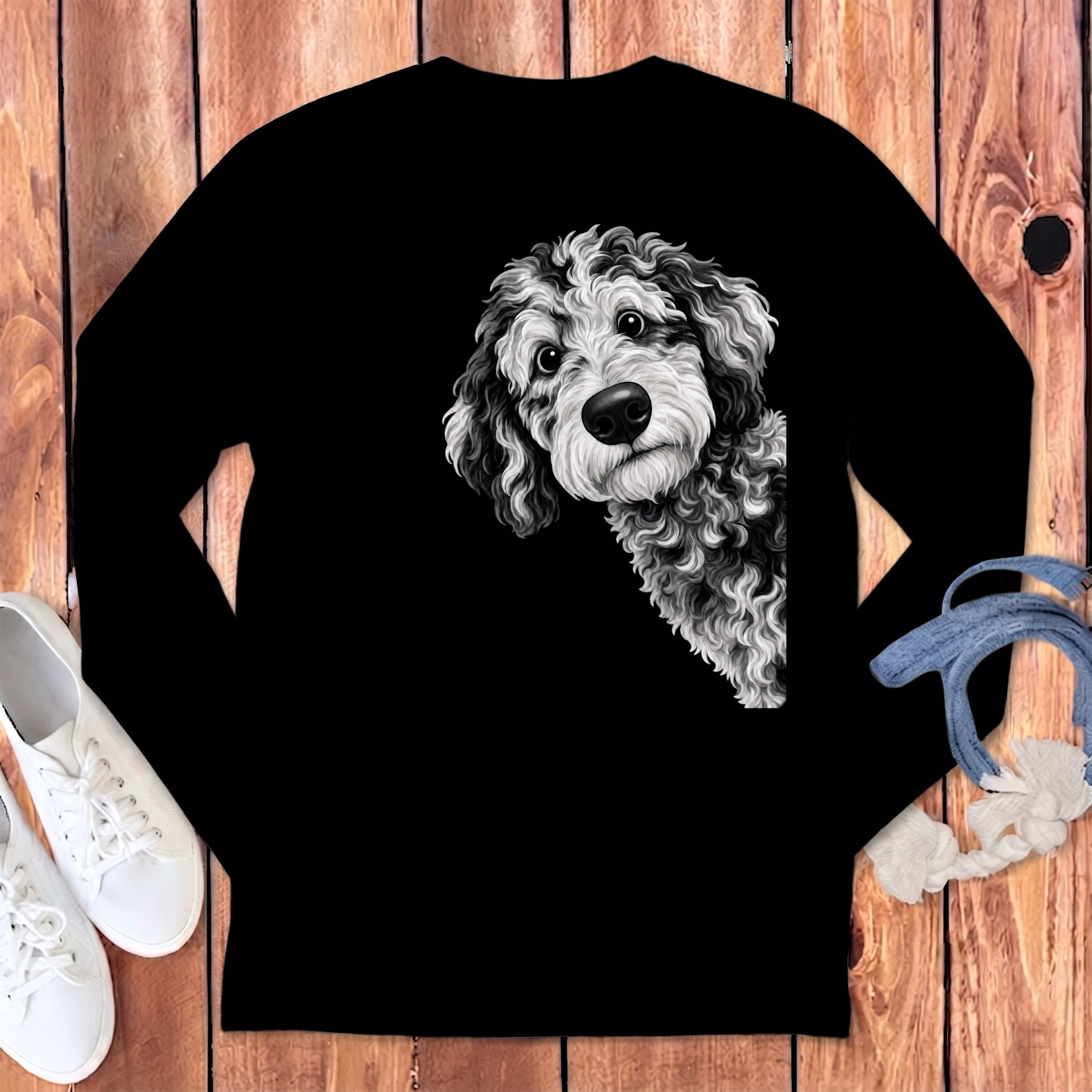 Funny Peeking Merle Goldendoodle Long Sleeve T-Shirt in Black / S by Puppy Jo