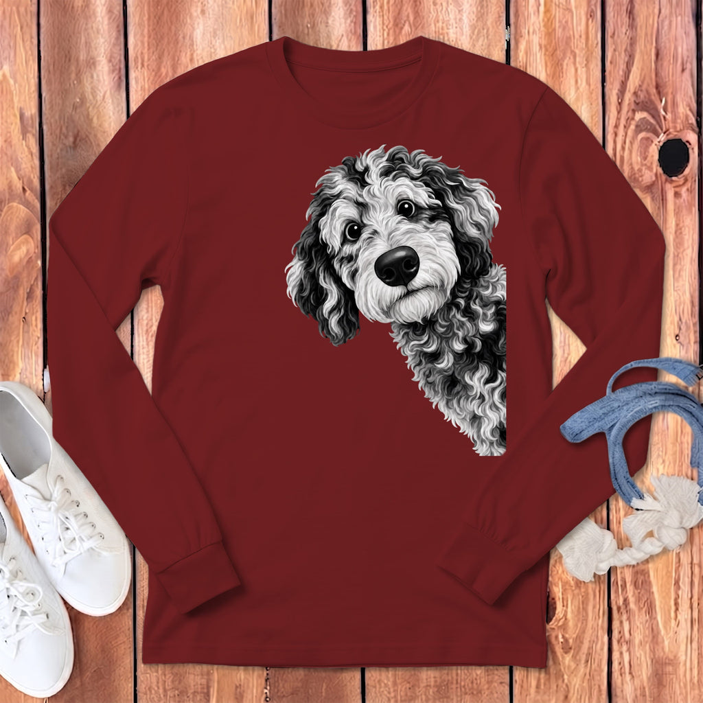 Funny Peeking Merle Goldendoodle Long Sleeve T-Shirt in Cardinal / S by Puppy Jo