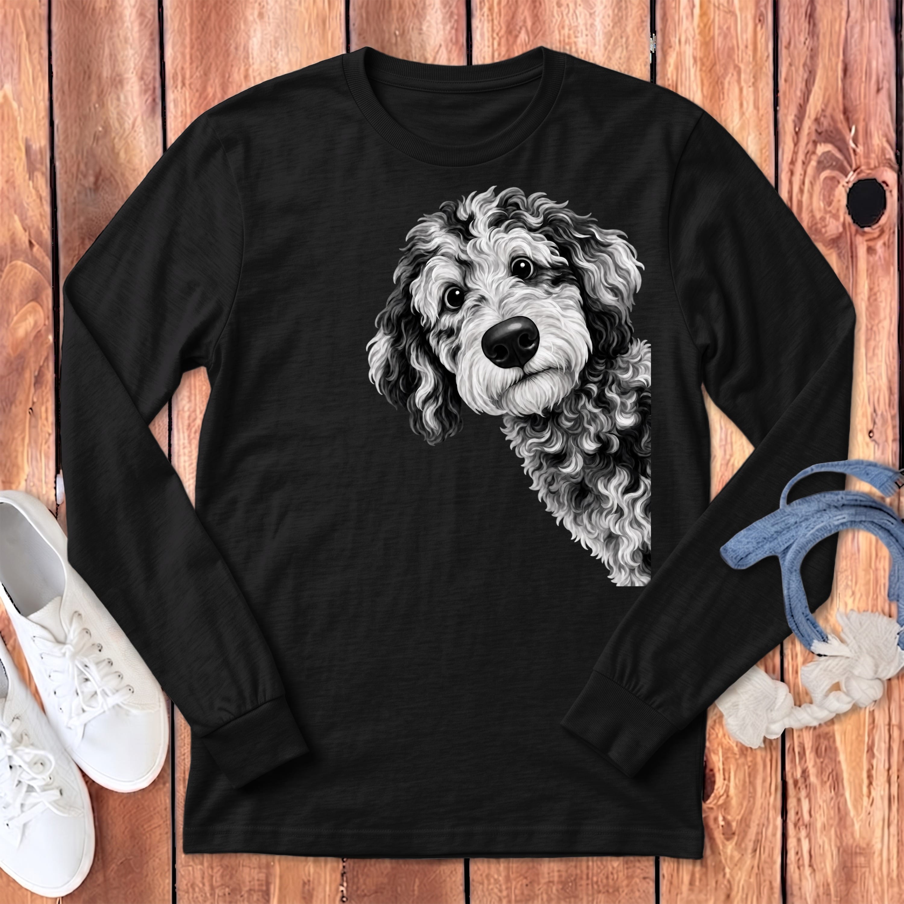 Funny Peeking Merle Goldendoodle Long Sleeve T-Shirt in Dark Grey Heather / S by Puppy Jo