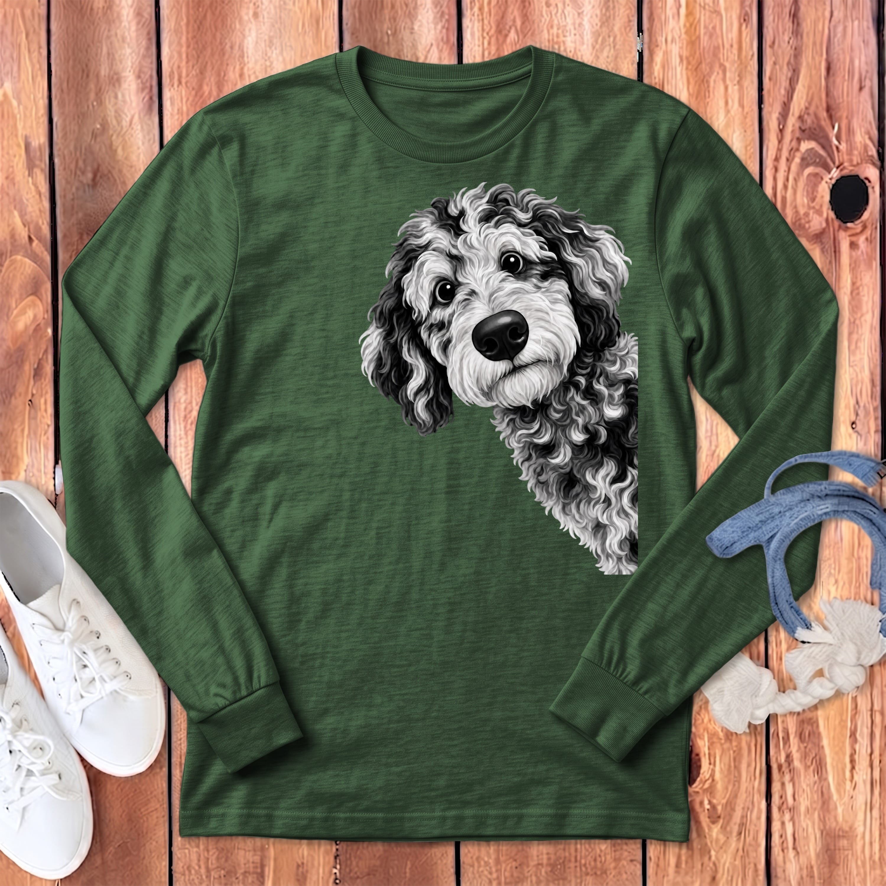 Funny Peeking Merle Goldendoodle Long Sleeve T-Shirt in Heather Forest / S by Puppy Jo