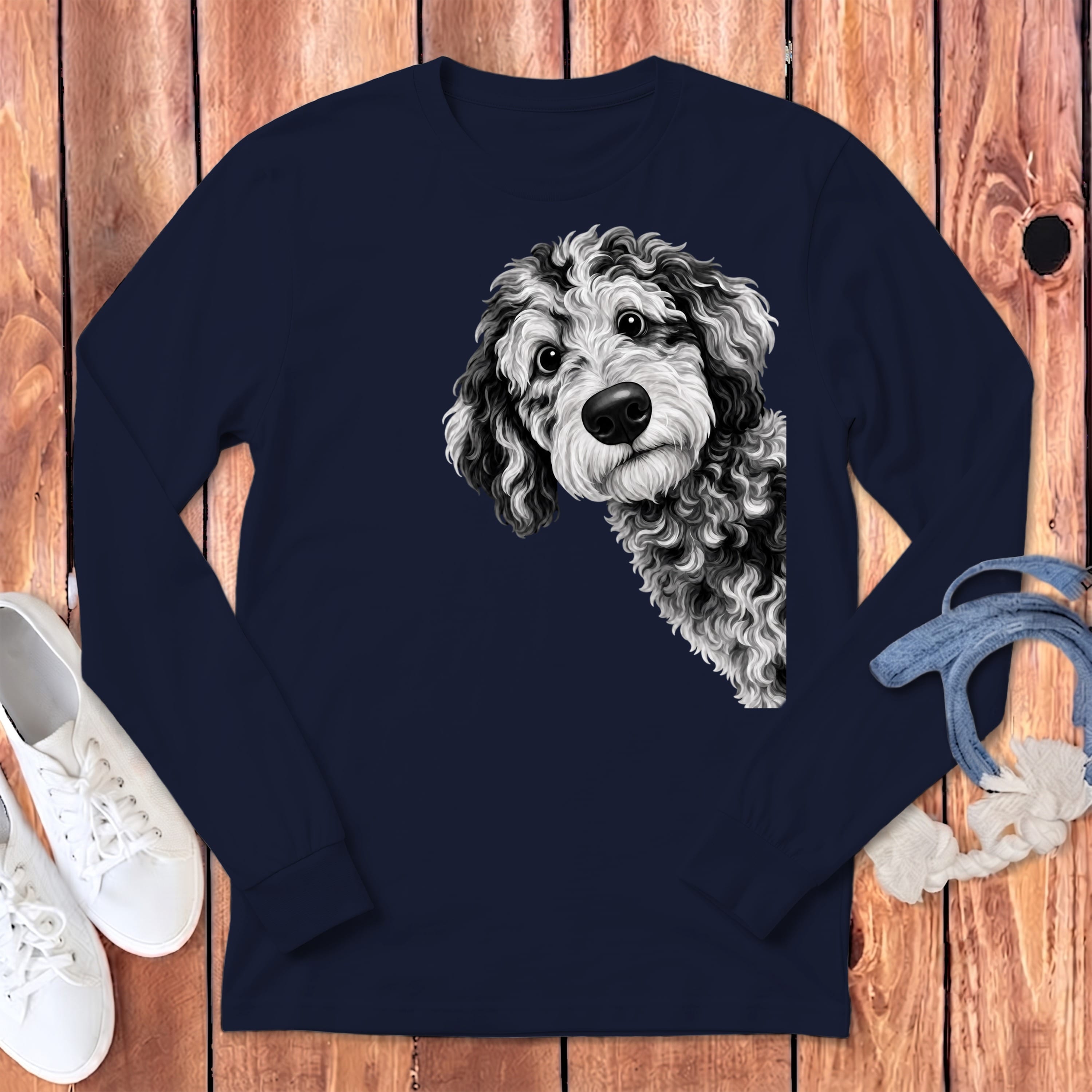 Funny Peeking Merle Goldendoodle Long Sleeve T-Shirt in Navy / S by Puppy Jo