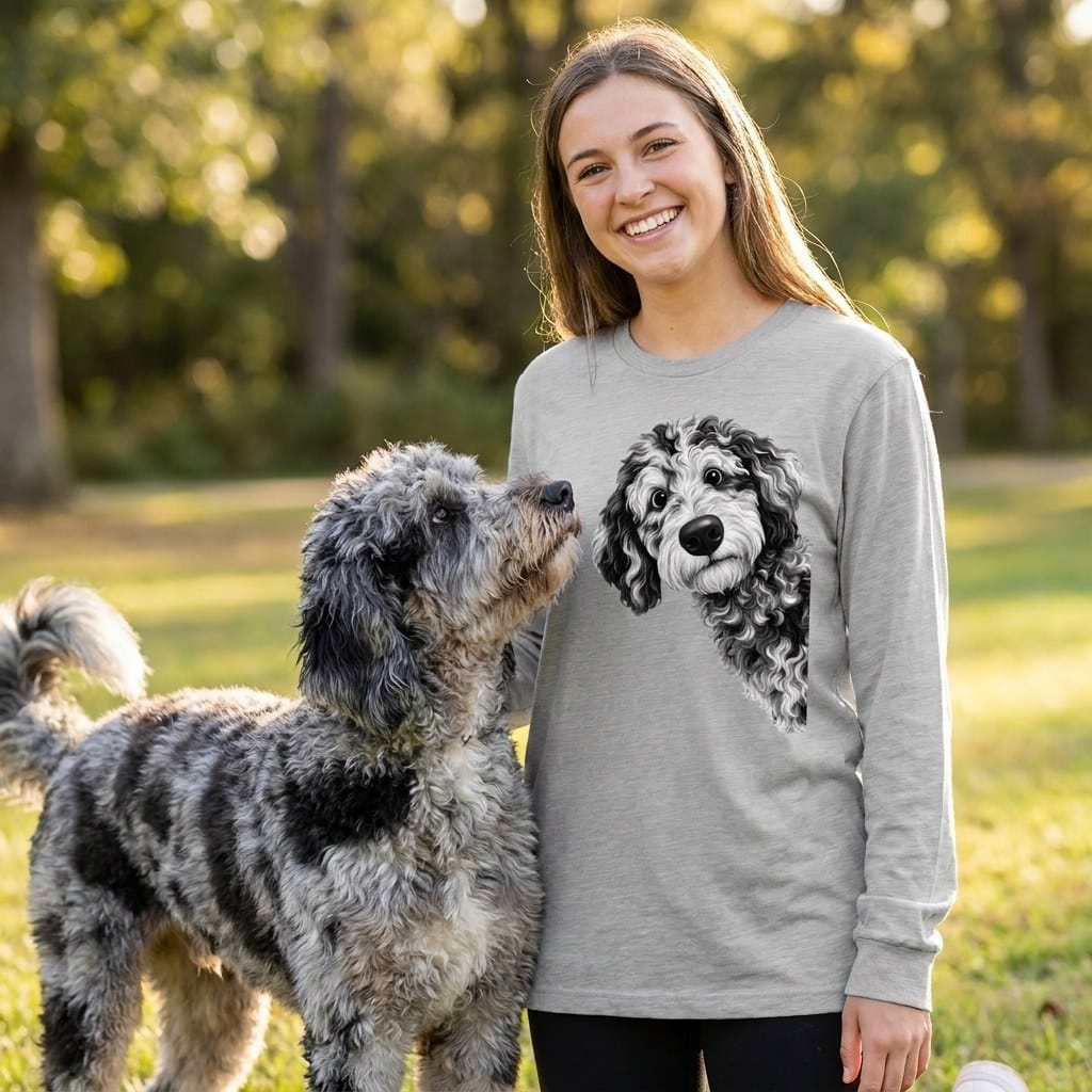 Funny Peeking Merle Goldendoodle Long Sleeve T-Shirt in by Puppy Jo