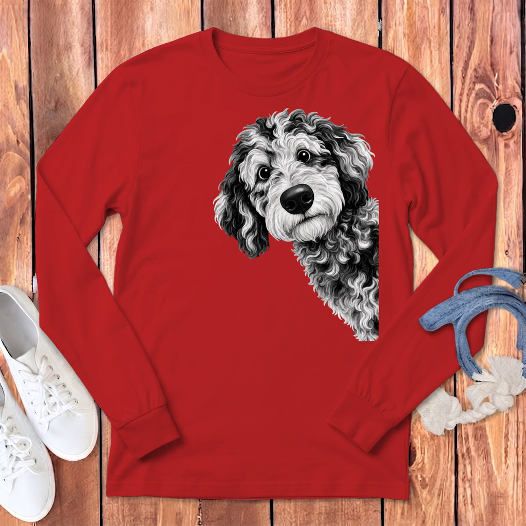 Funny Peeking Merle Goldendoodle Long Sleeve T-Shirt in Red / S by Puppy Jo