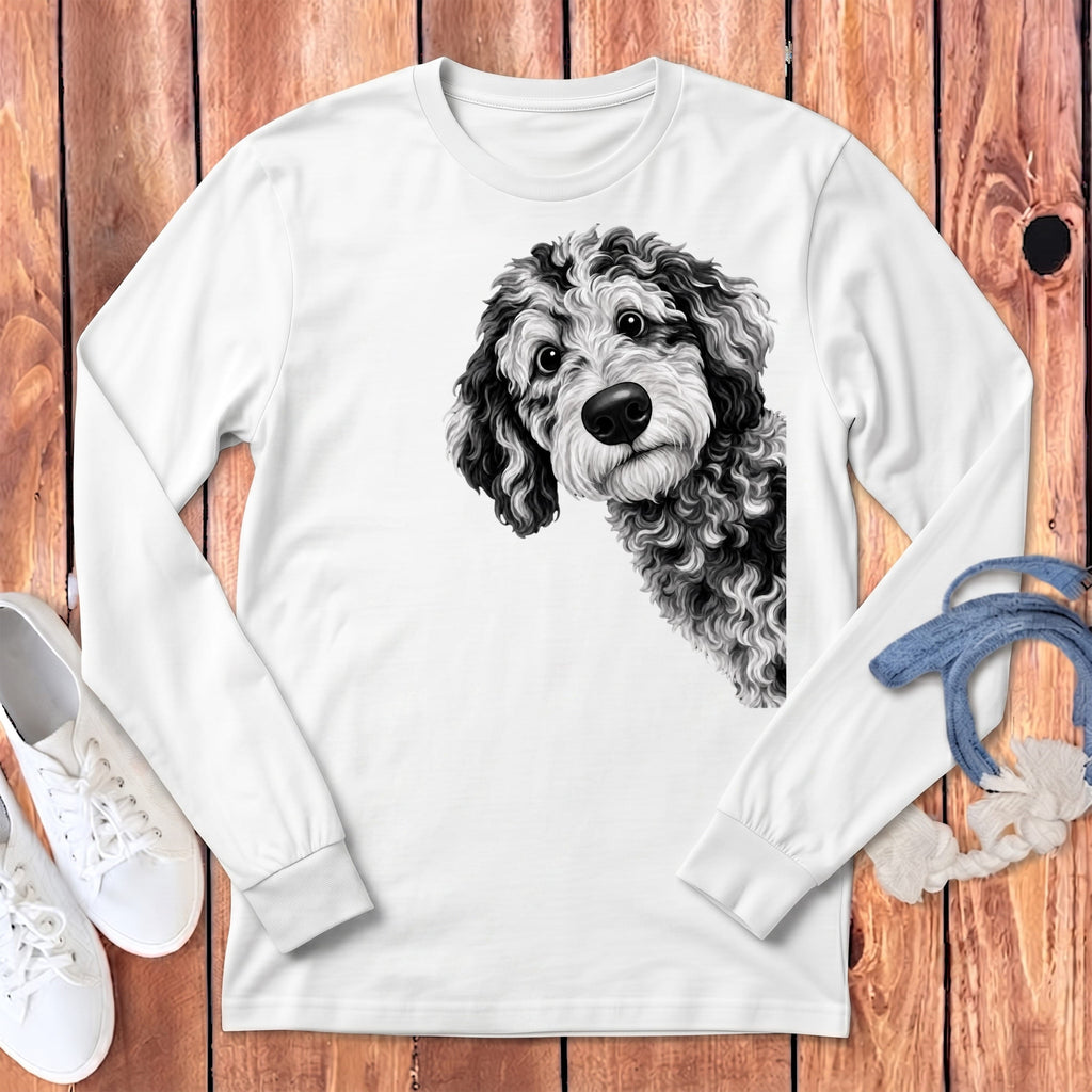 Funny Peeking Merle Goldendoodle Long Sleeve T-Shirt in White / S by Puppy Jo